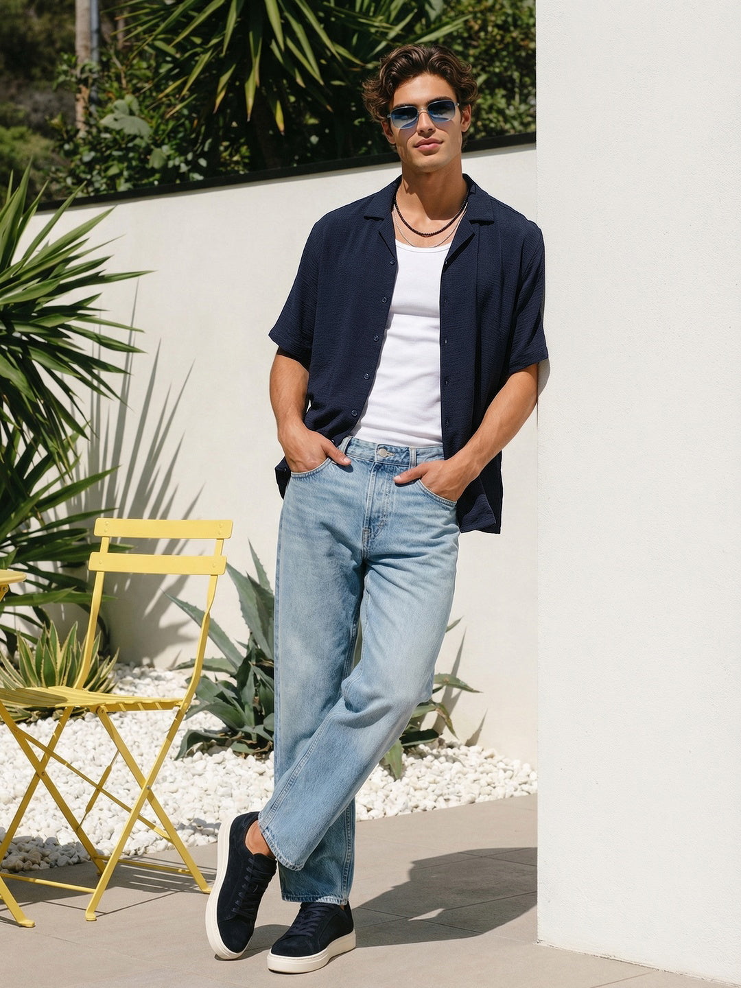 Men's Navy Cotton Half Sleeve Relaxed Fit Textured Shirt with Cuban Collar