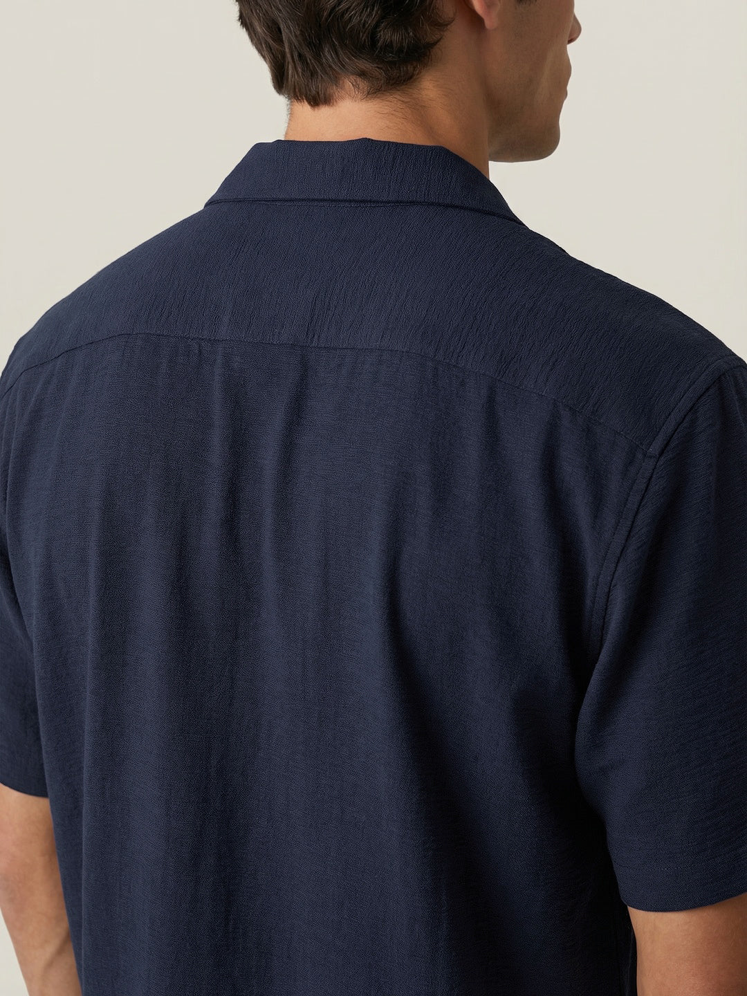 Men's Navy Cotton Half Sleeve Relaxed Fit Textured Shirt with Cuban Collar