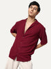 Men's Red Cotton Half Sleeve Relaxed Fit Textured Shirt with Cuban Collar