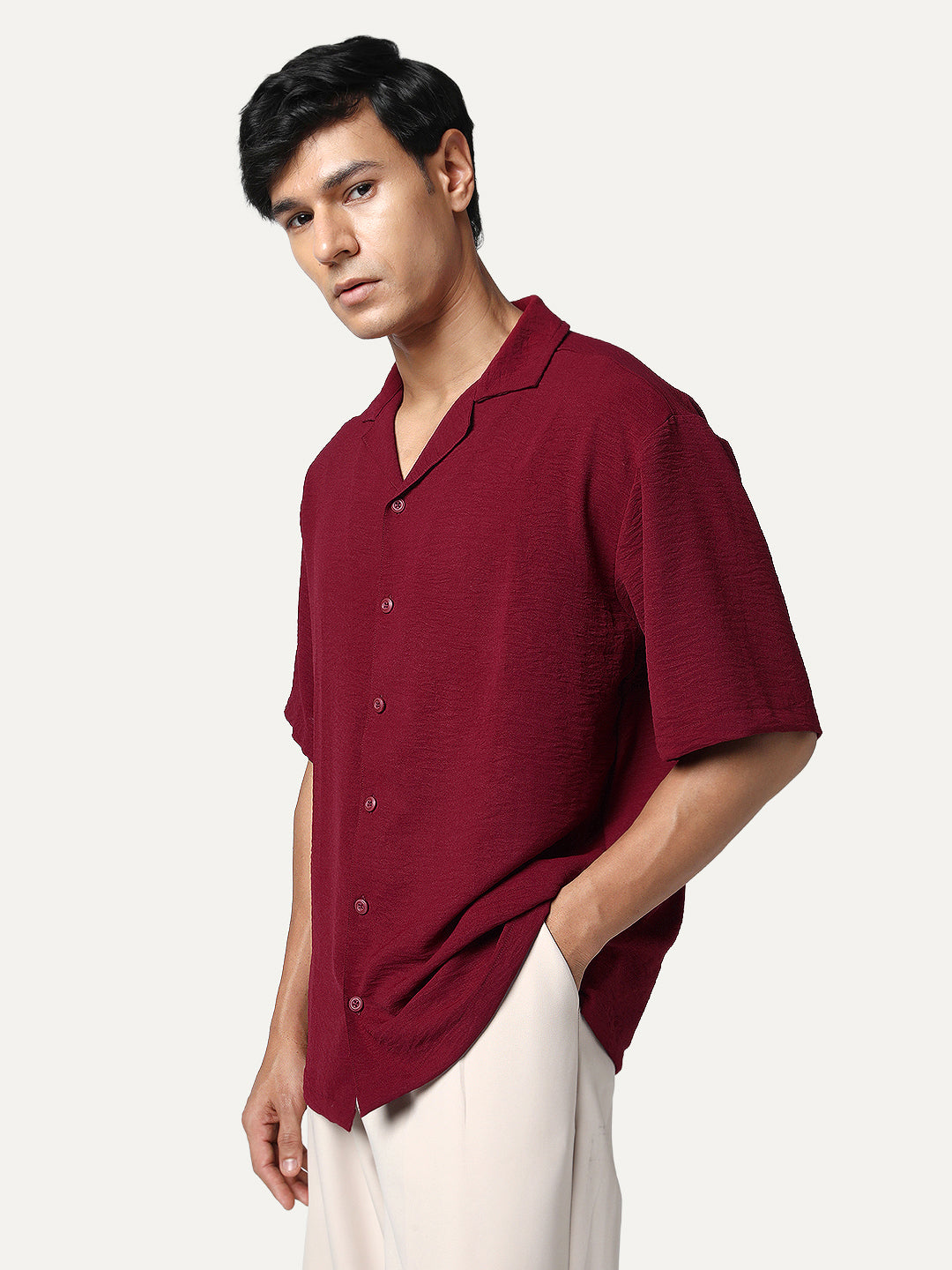 Men's Red Cotton Half Sleeve Relaxed Fit Textured Shirt with Cuban Collar