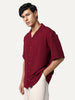 Men's Red Cotton Half Sleeve Relaxed Fit Textured Shirt with Cuban Collar