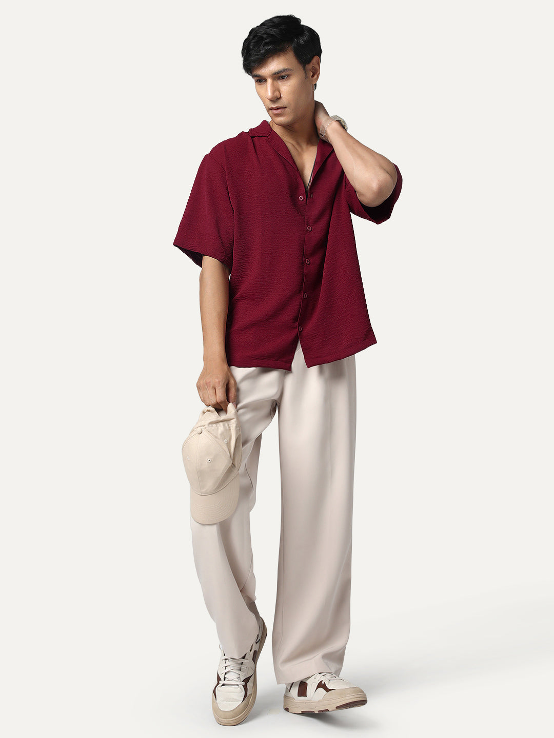 Men's Red Cotton Half Sleeve Relaxed Fit Textured Shirt with Cuban Collar