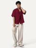 Men's Red Cotton Half Sleeve Relaxed Fit Textured Shirt with Cuban Collar