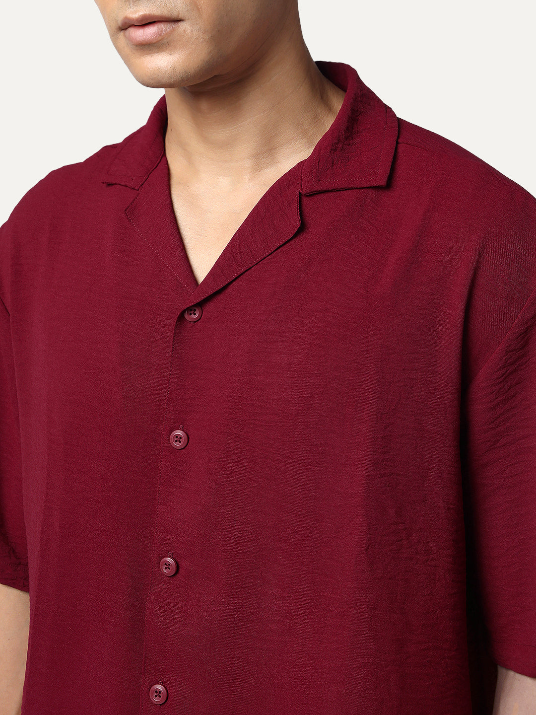Men's Red Cotton Half Sleeve Relaxed Fit Textured Shirt with Cuban Collar