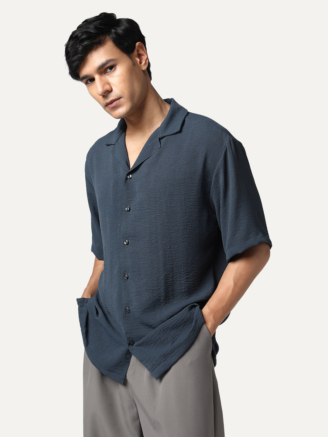 Men's Steel Cotton Half Sleeve Relaxed Fit Textured Shirt with Cuban Collar