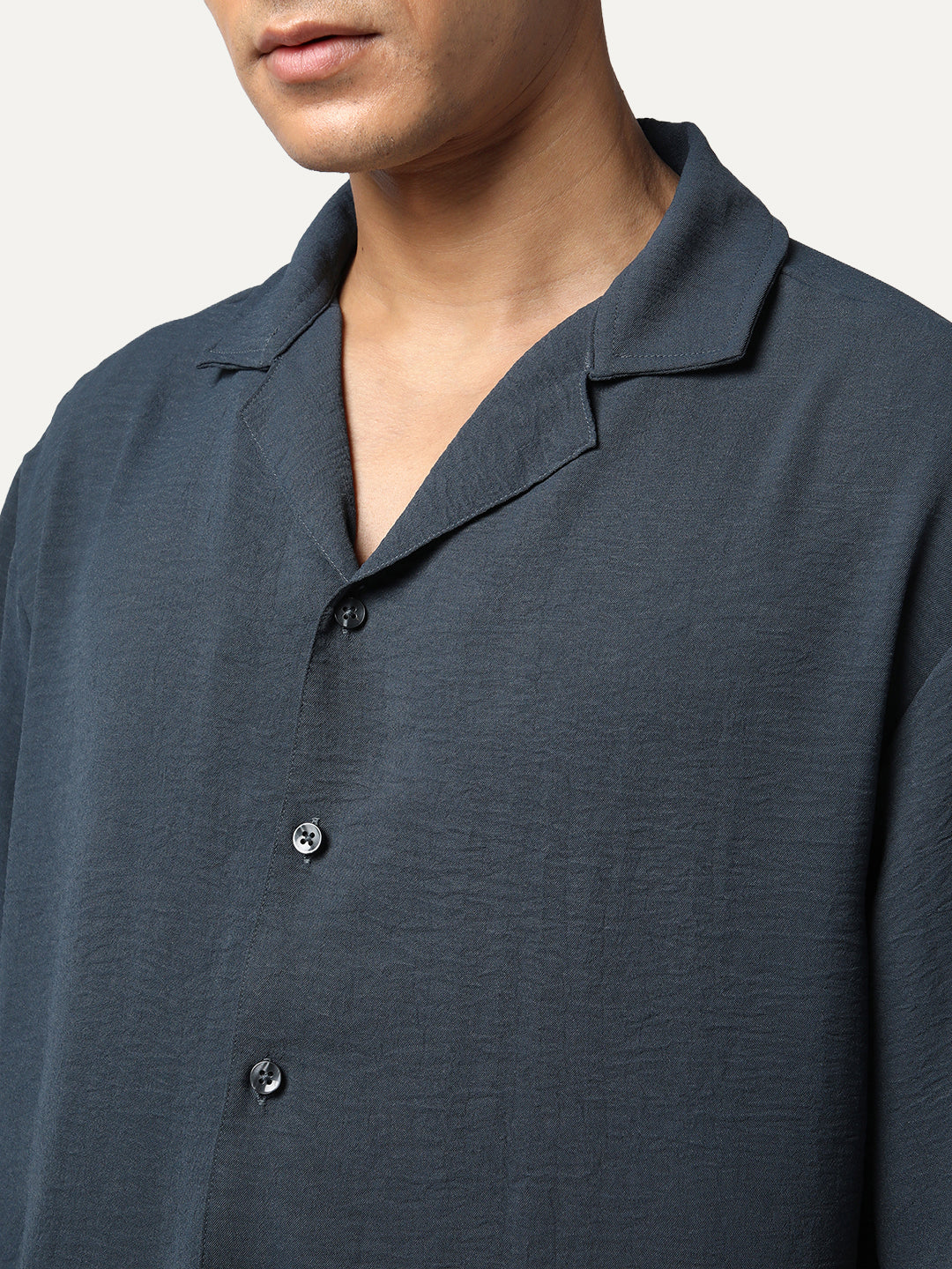 Men's Steel Cotton Half Sleeve Relaxed Fit Textured Shirt with Cuban Collar