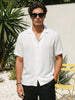 Men's White Cotton Half Sleeve Relaxed Fit Textured Shirt with Cuban Collar