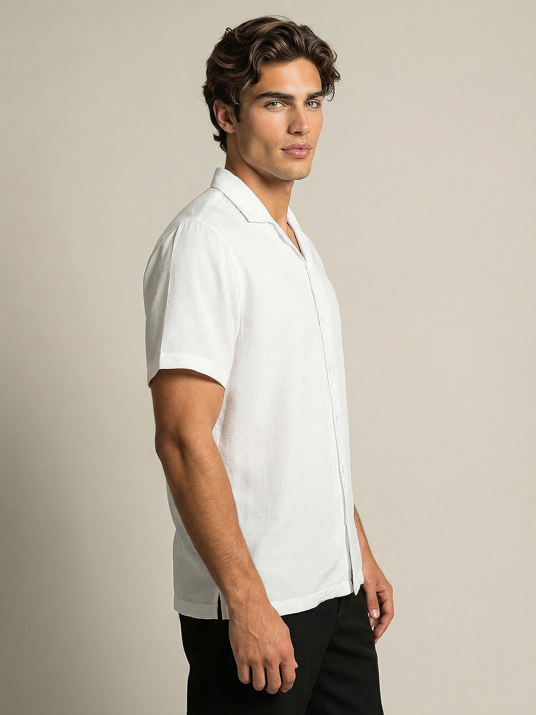 Men's White Cotton Half Sleeve Relaxed Fit Textured Shirt with Cuban Collar