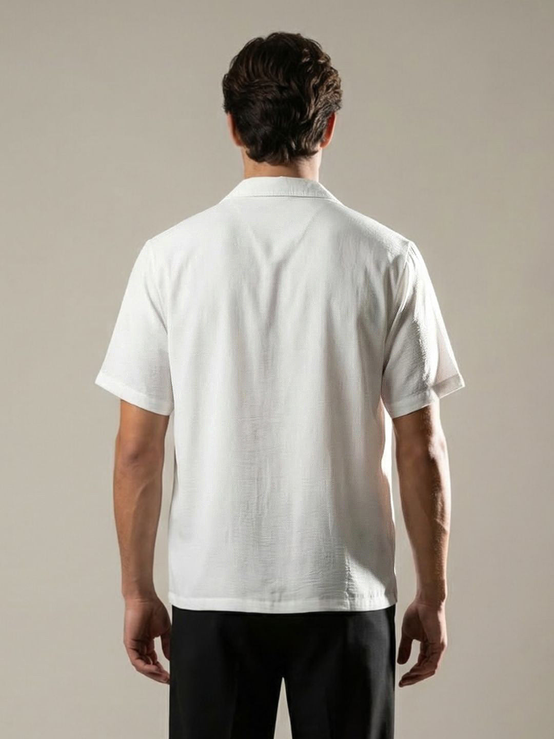 Men's White Cotton Half Sleeve Relaxed Fit Textured Shirt with Cuban Collar