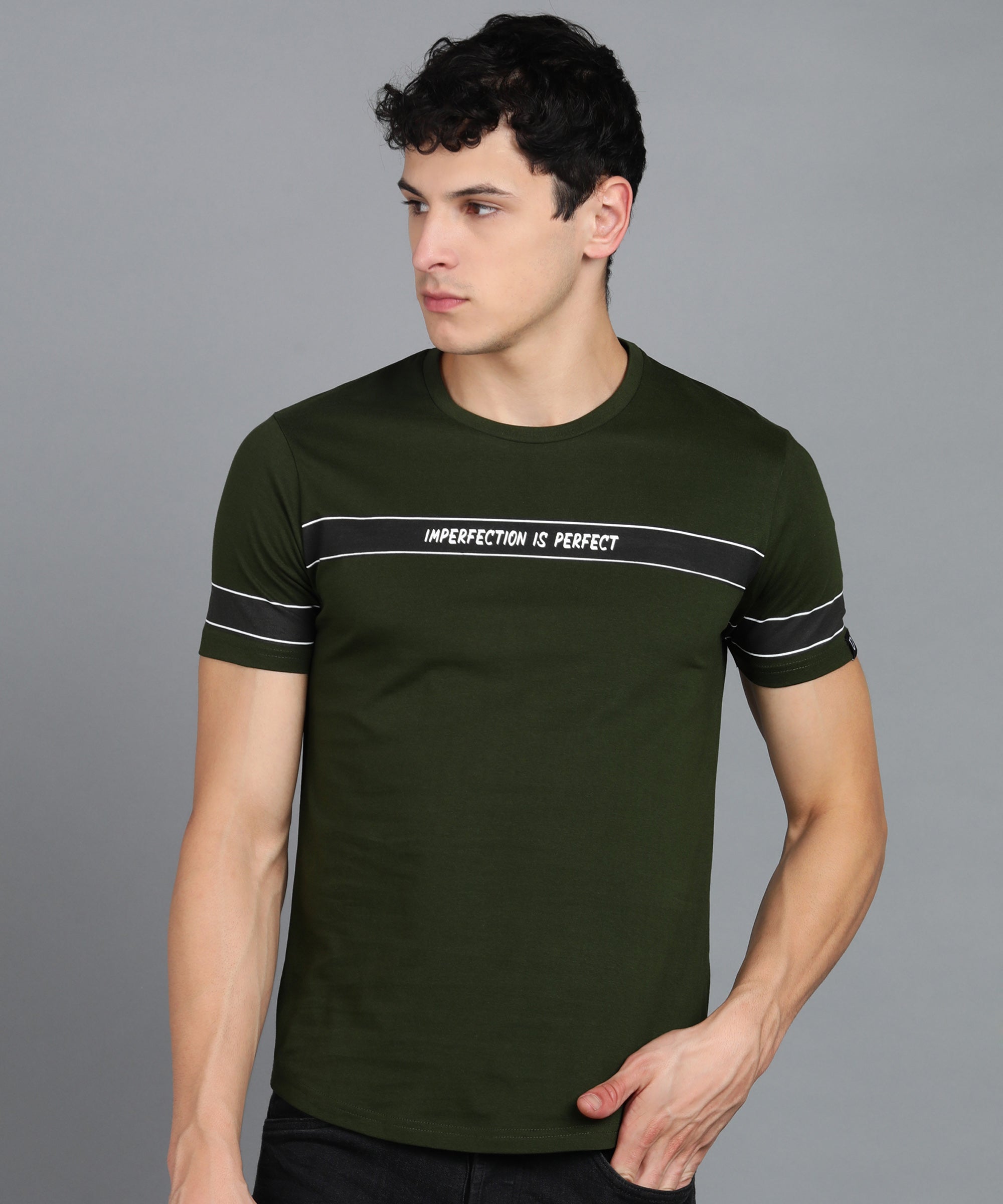 Urbano Fashion Men's Printed Olive Round Neck Half Sleeve Slim Fit Cotton T-Shirt