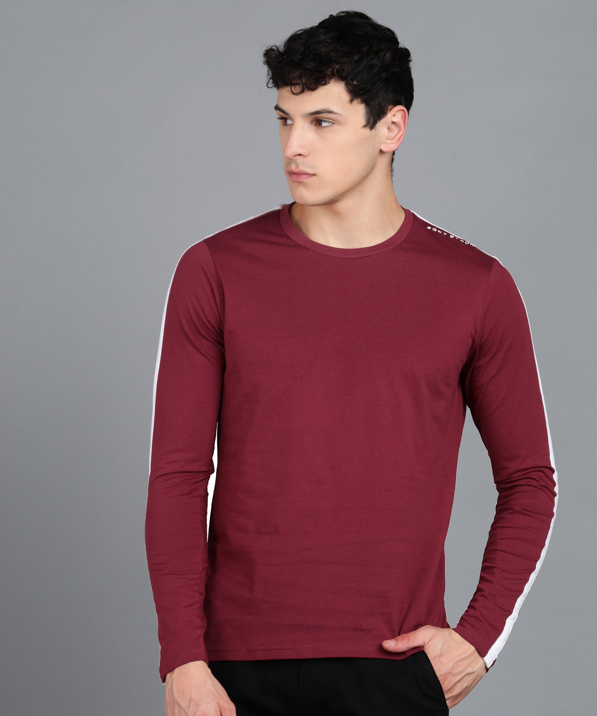 Urbano Fashion Men's Color-Block Maroon Round Neck Full Sleeve Slim Fit Cotton T-Shirt