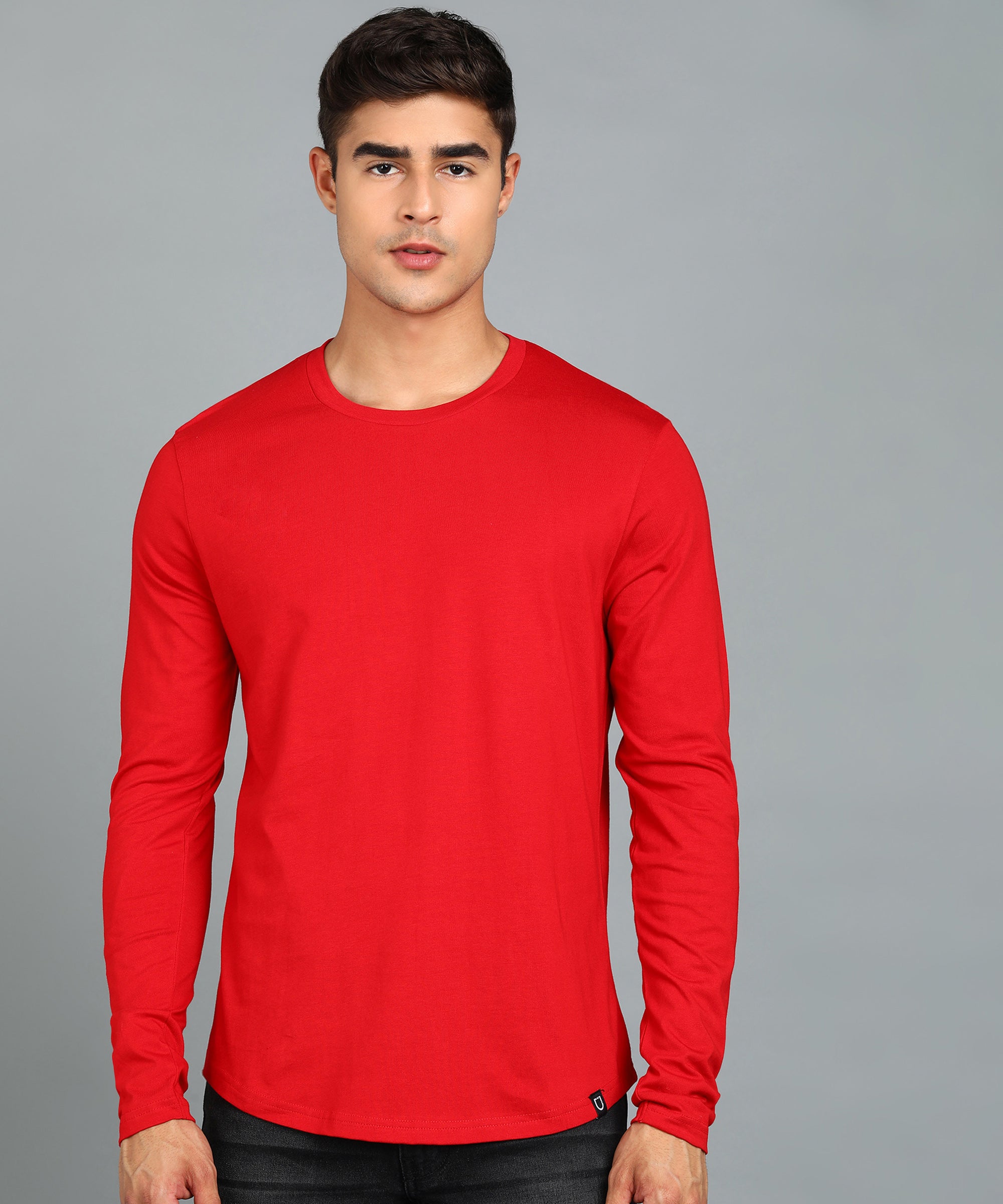 Urbano Fashion Men's Printed Red Round Neck Full Sleeve Slim Fit Cotton T-Shirt