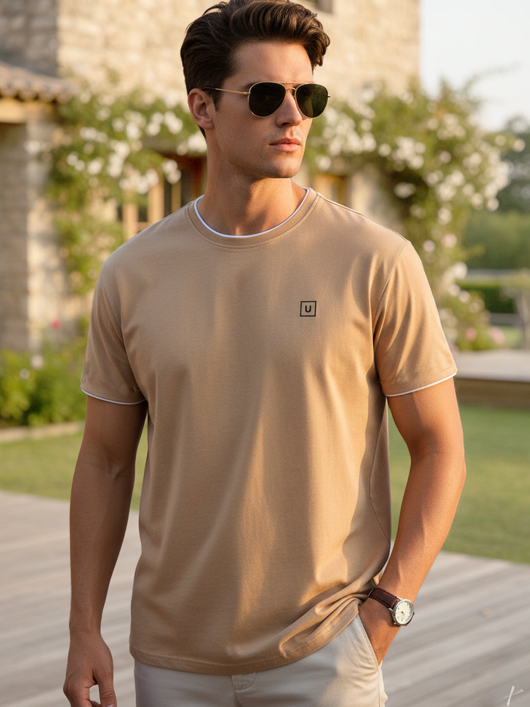 Men's Solid Khaki Round Neck Half Sleeve Slim Fit Cotton T-Shirt