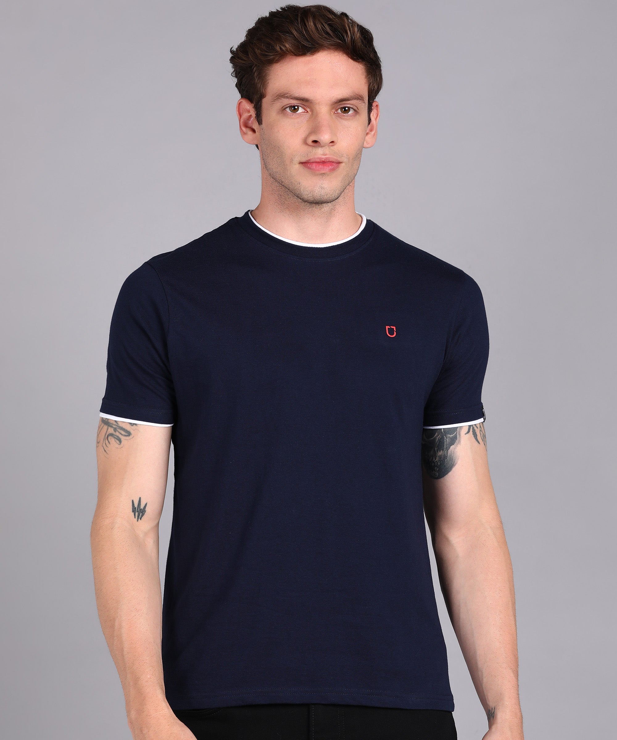 Men's Solid Navy Blue Round Neck Half Sleeve Slim Fit Cotton T-Shirt