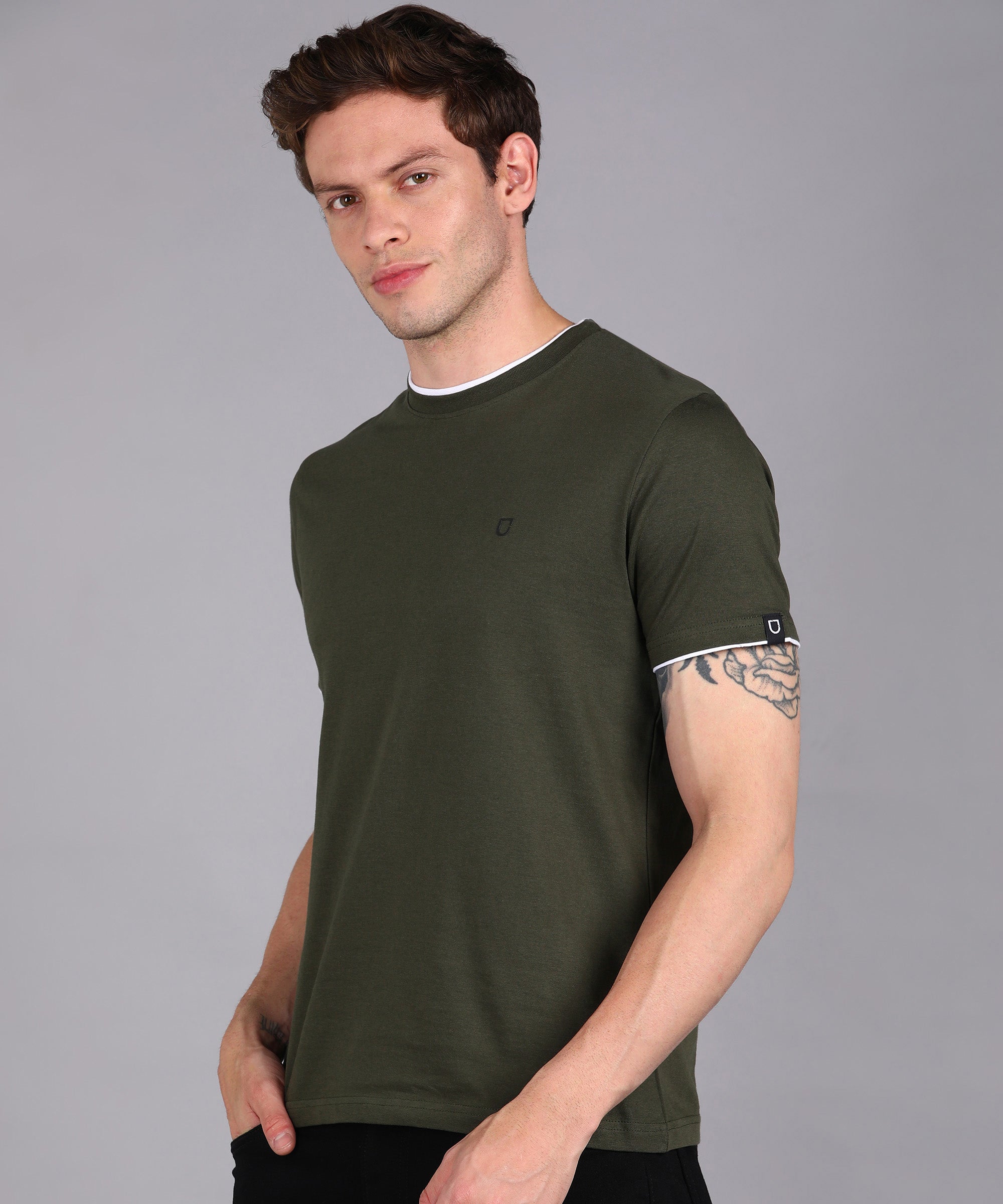 Men's Solid Olive Round Neck Half Sleeve Slim Fit Cotton T-Shirt