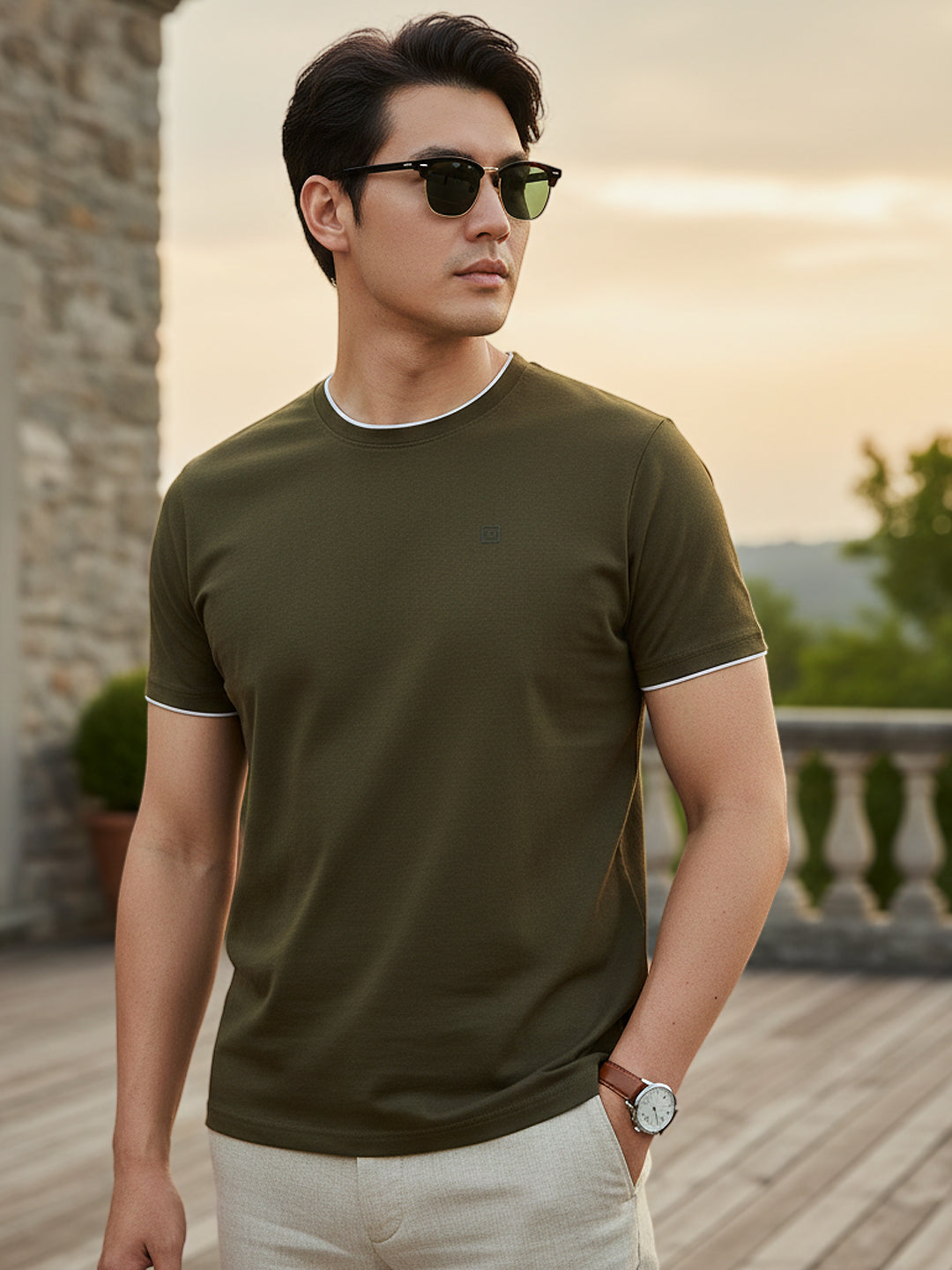 Men's Solid Olive Round Neck Half Sleeve Slim Fit Cotton T-Shirt