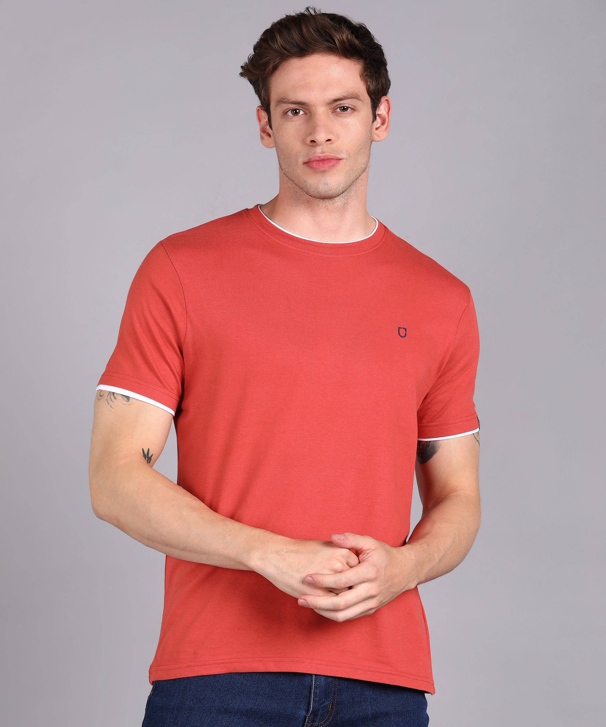 Men's Solid Orange Round Neck Half Sleeve Slim Fit Cotton T-Shirt