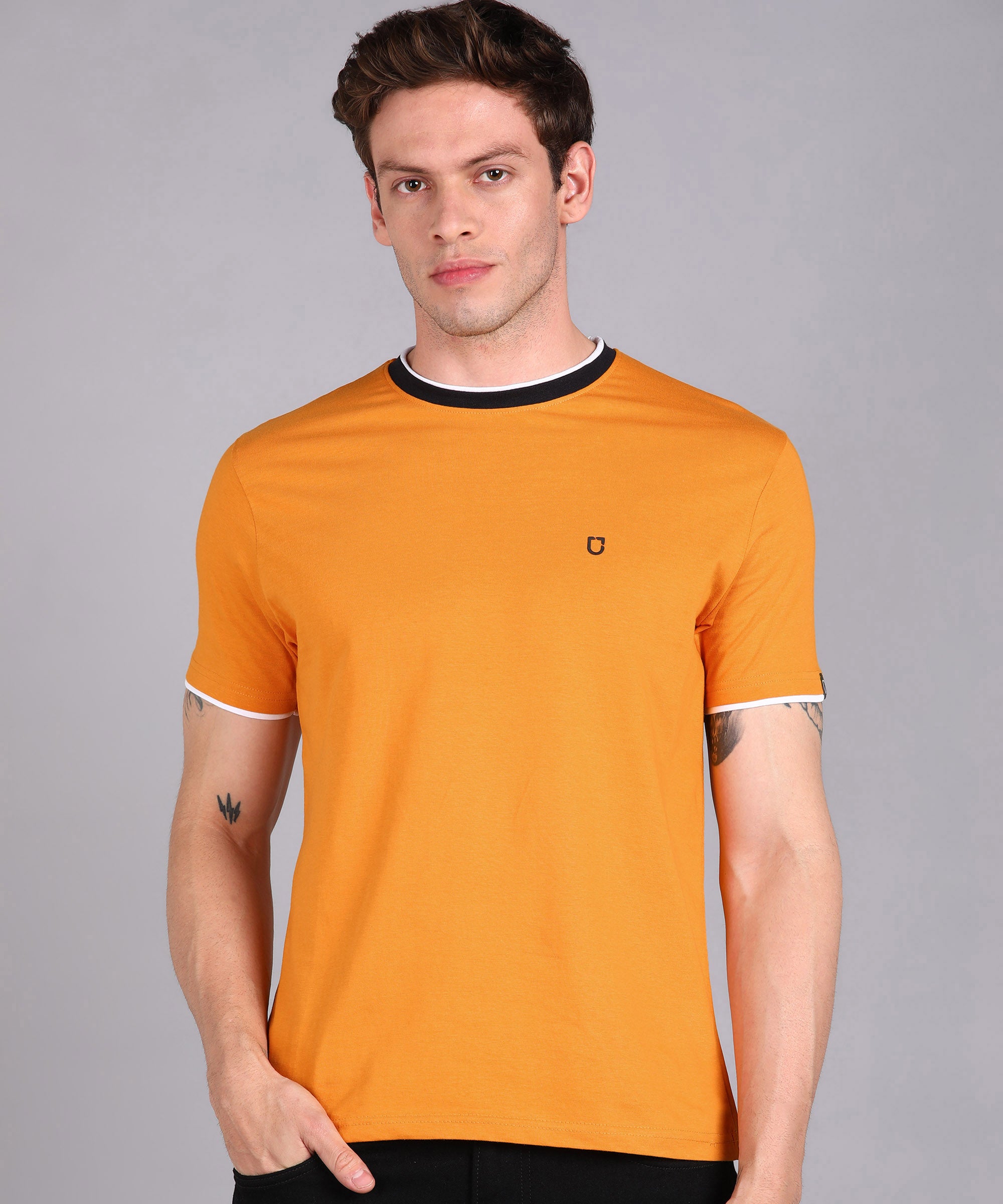 Urbano Fashion Men's Solid Gold Round Neck Half Sleeve Slim Fit Cotton T-Shirt