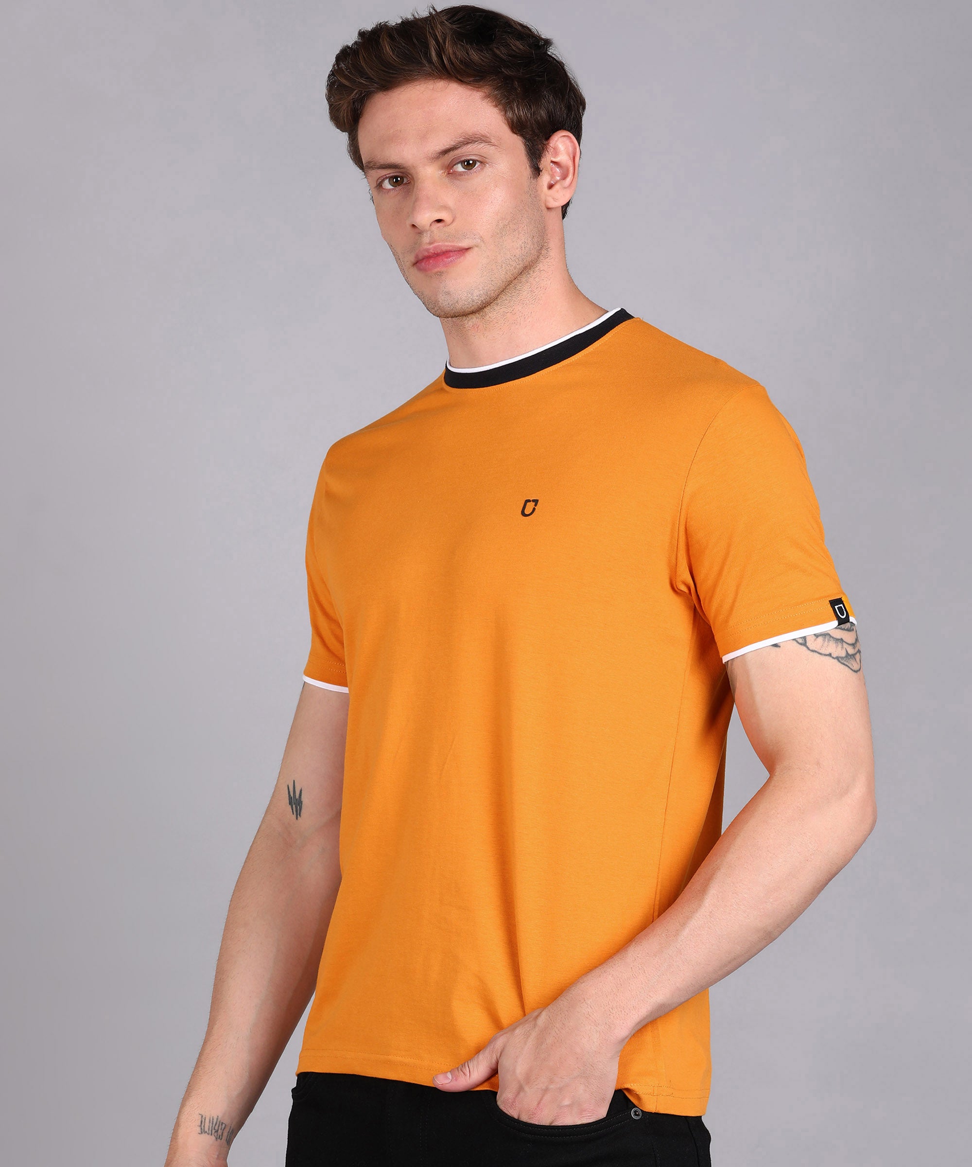 Men's Solid Gold Round Neck Half Sleeve Slim Fit Cotton T-Shirt
