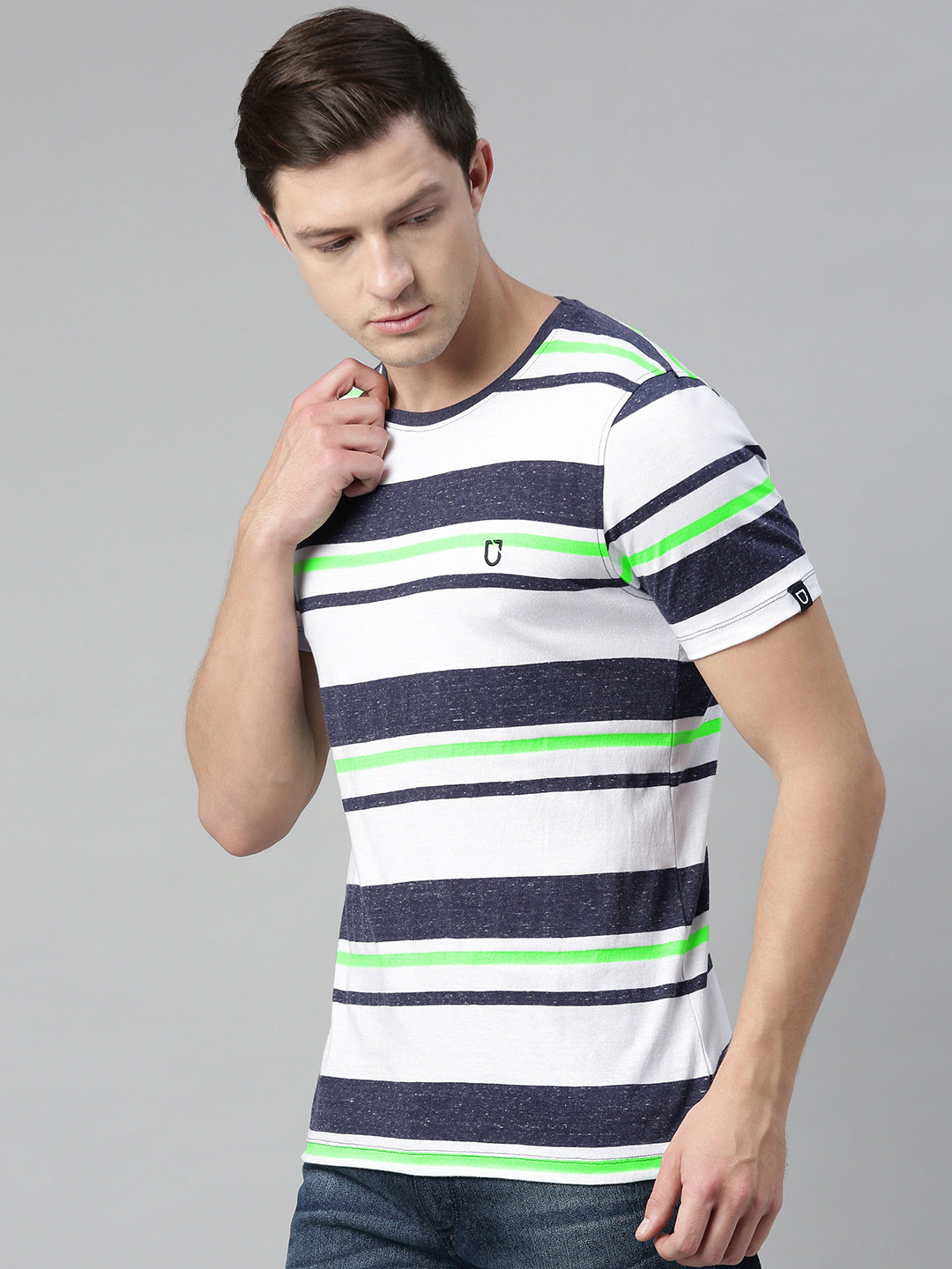 Men's White, Navy Blue, Green Striped Half Sleeve Slim Fit Cotton T-Shirt