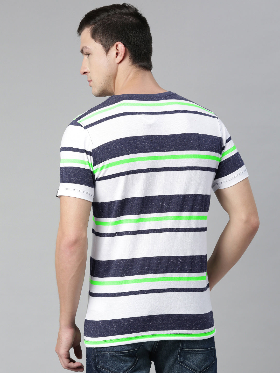Men's White, Navy Blue, Green Striped Half Sleeve Slim Fit Cotton T-Shirt