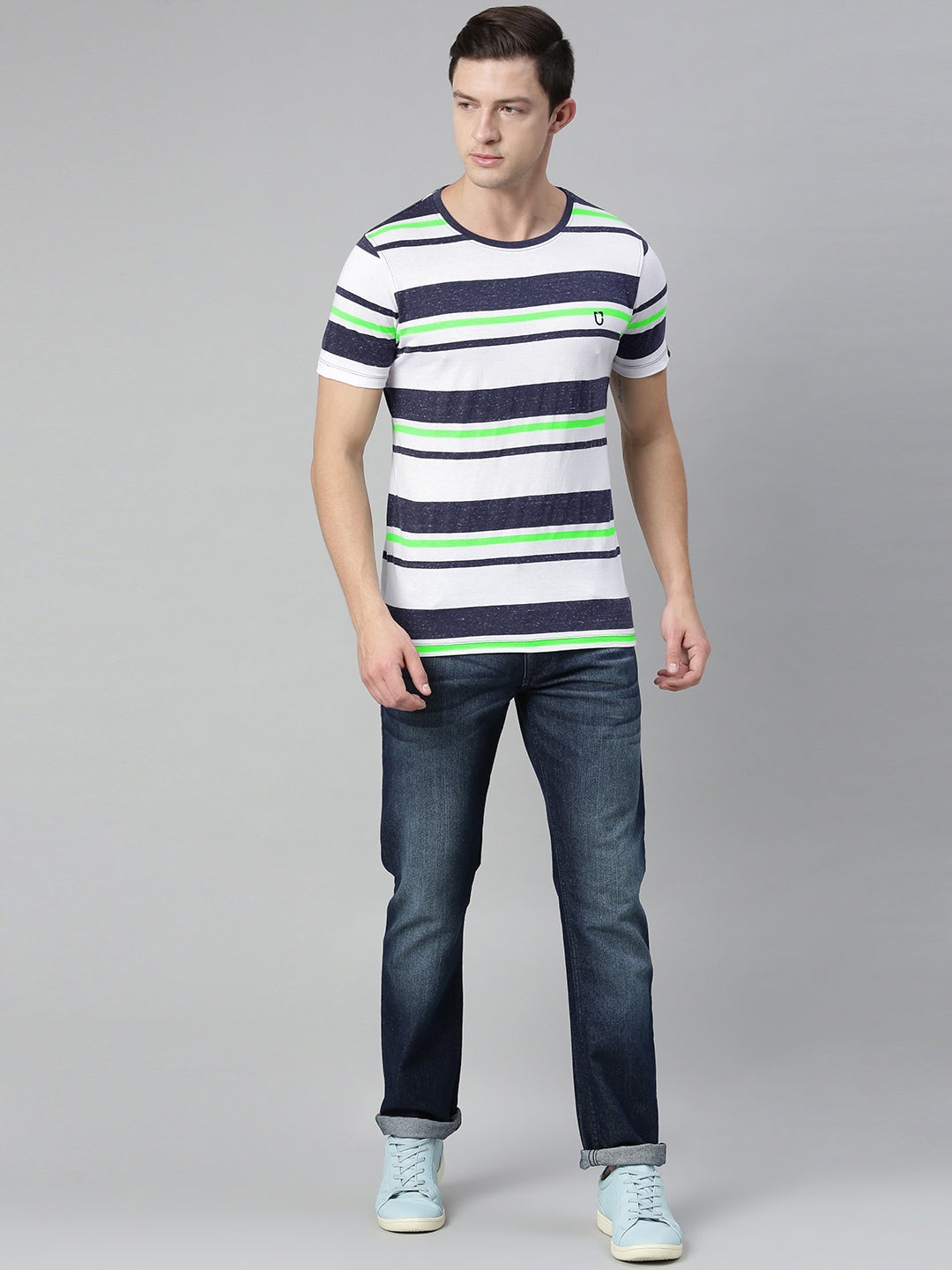 Men's White, Navy Blue, Green Striped Half Sleeve Slim Fit Cotton T-Shirt