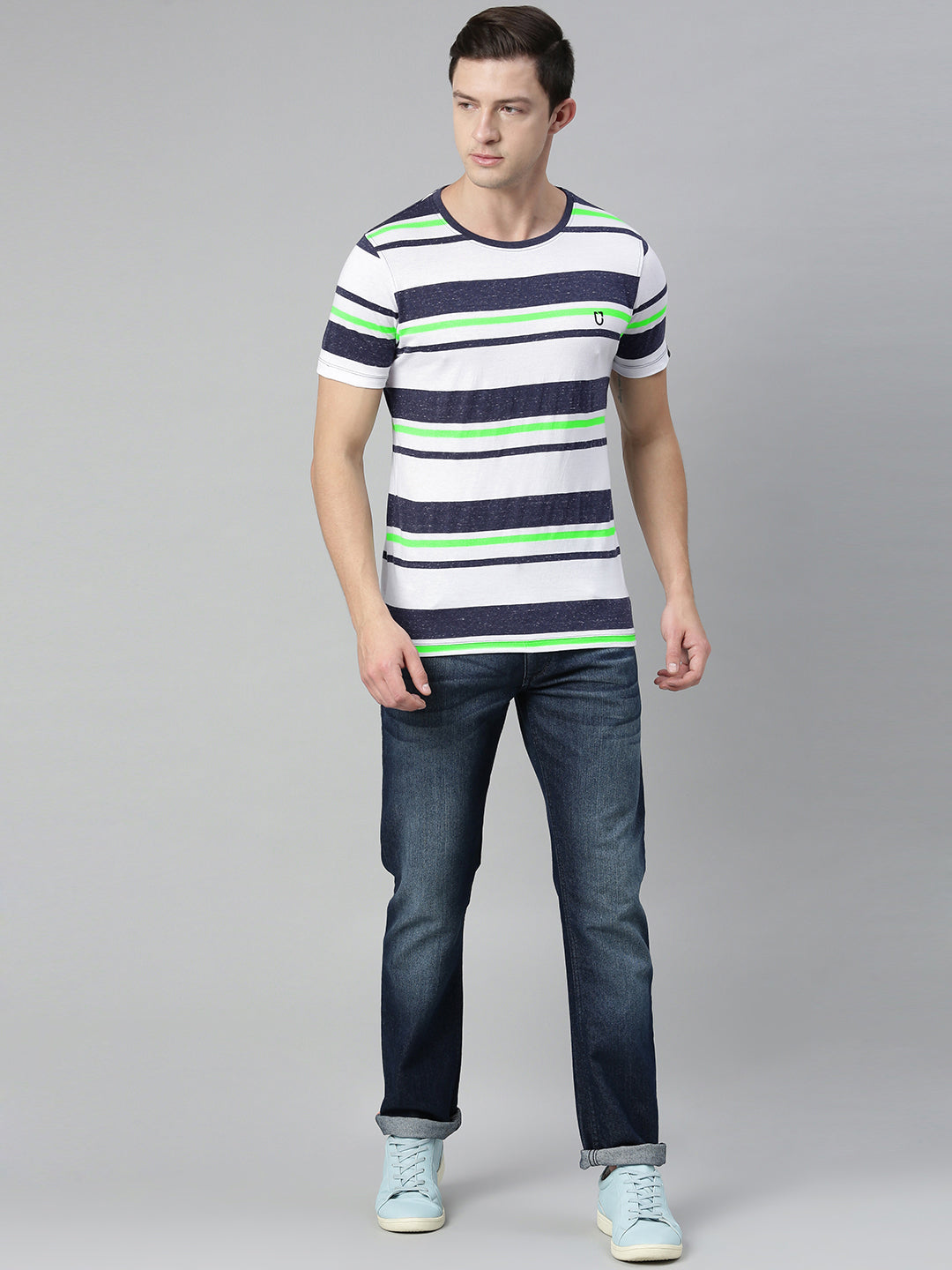Urbano Fashion Men's White, Navy Blue, Green Striped Half Sleeve Slim Fit Cotton T-Shirt