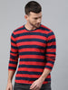 Men's Red, Navy Blue Striped Half Sleeve Slim Fit Cotton T-Shirt