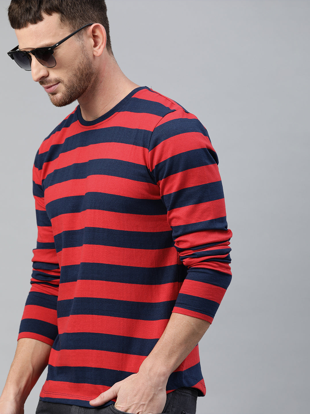 Men's Red, Navy Blue Striped Half Sleeve Slim Fit Cotton T-Shirt