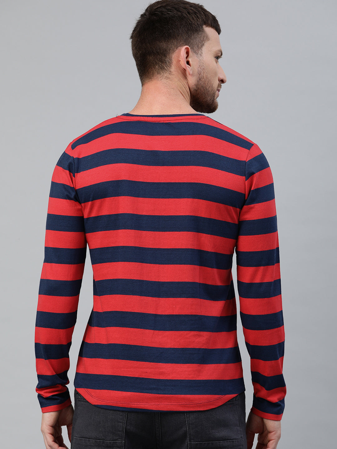 Men's Red, Navy Blue Striped Half Sleeve Slim Fit Cotton T-Shirt