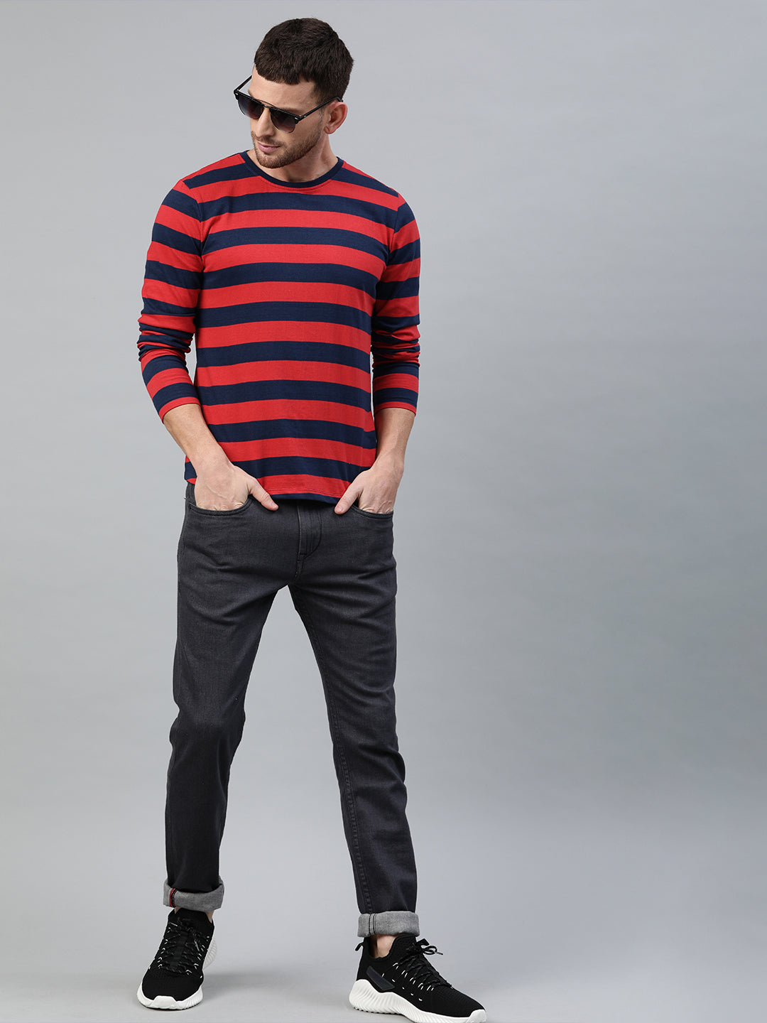 Men's Red, Navy Blue Striped Half Sleeve Slim Fit Cotton T-Shirt