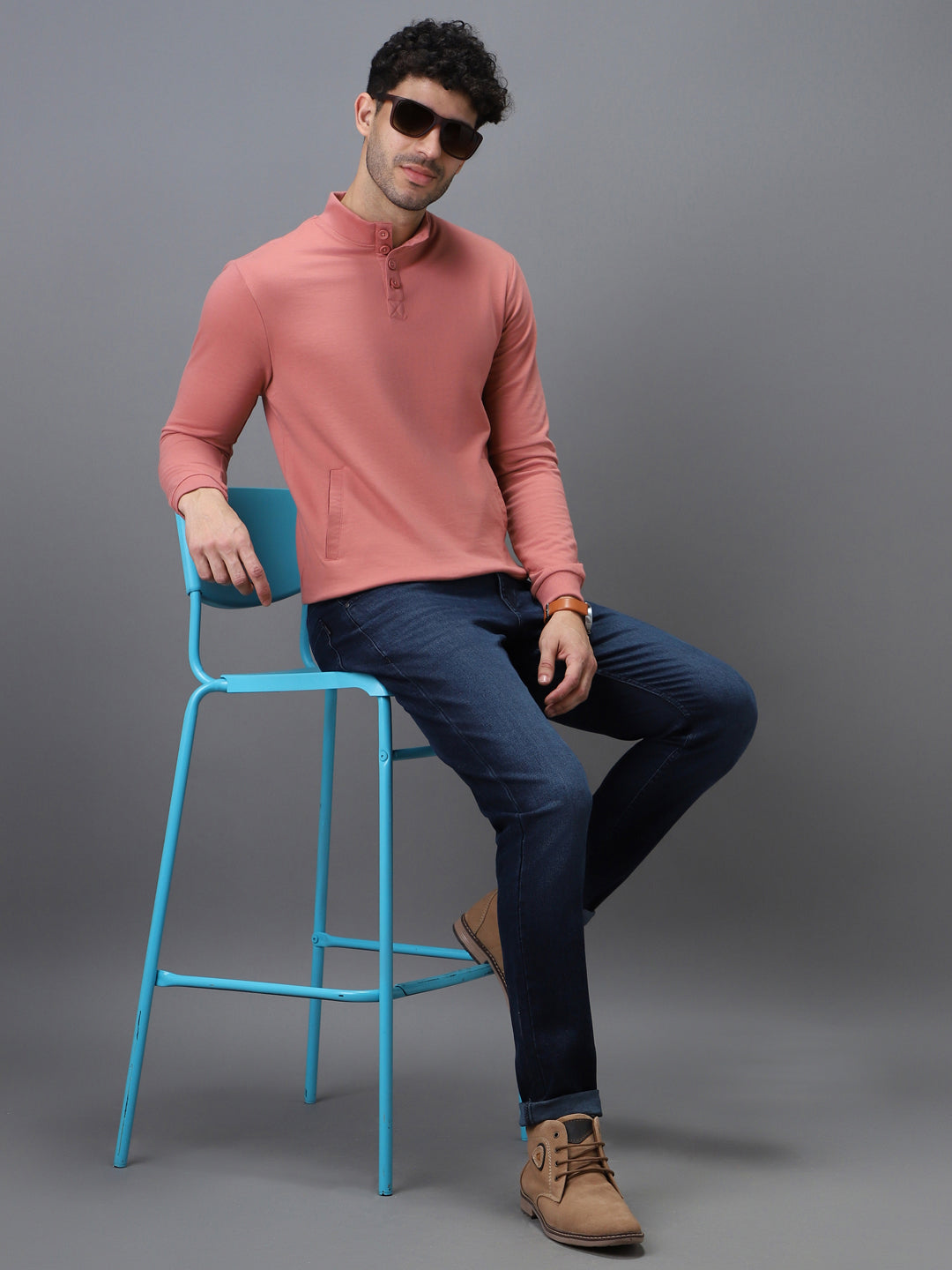 Men's Pink Cotton Solid Button High Neck Sweatshirt