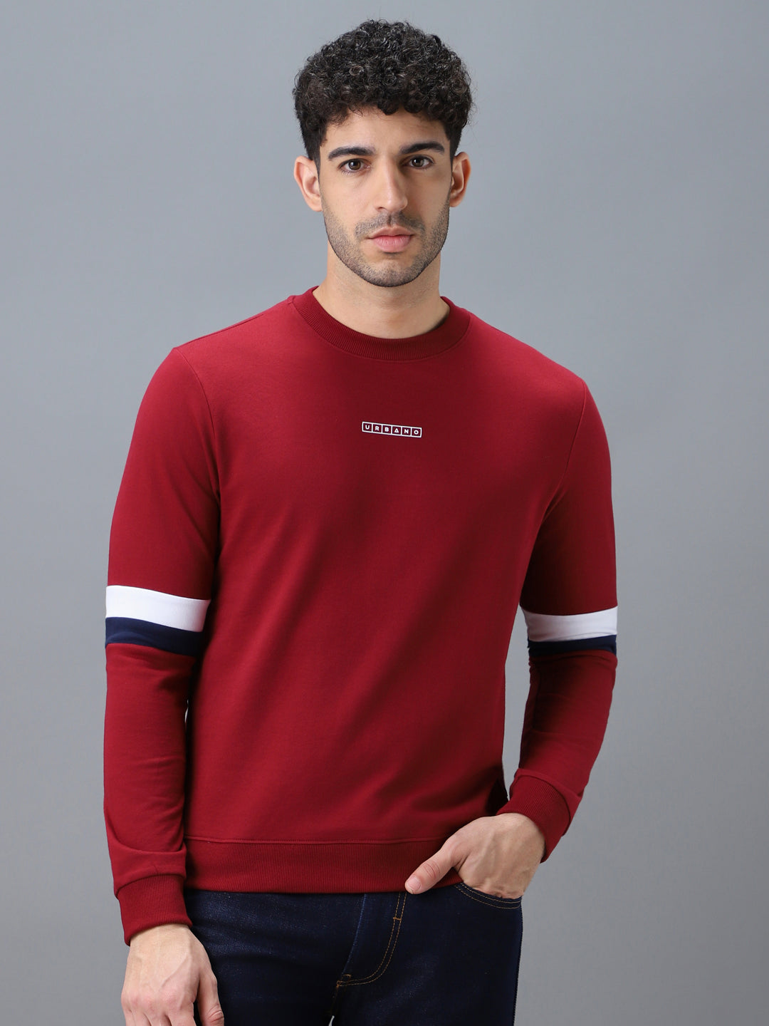 Men's Red Cotton Color Block Round Neck Sweatshirt