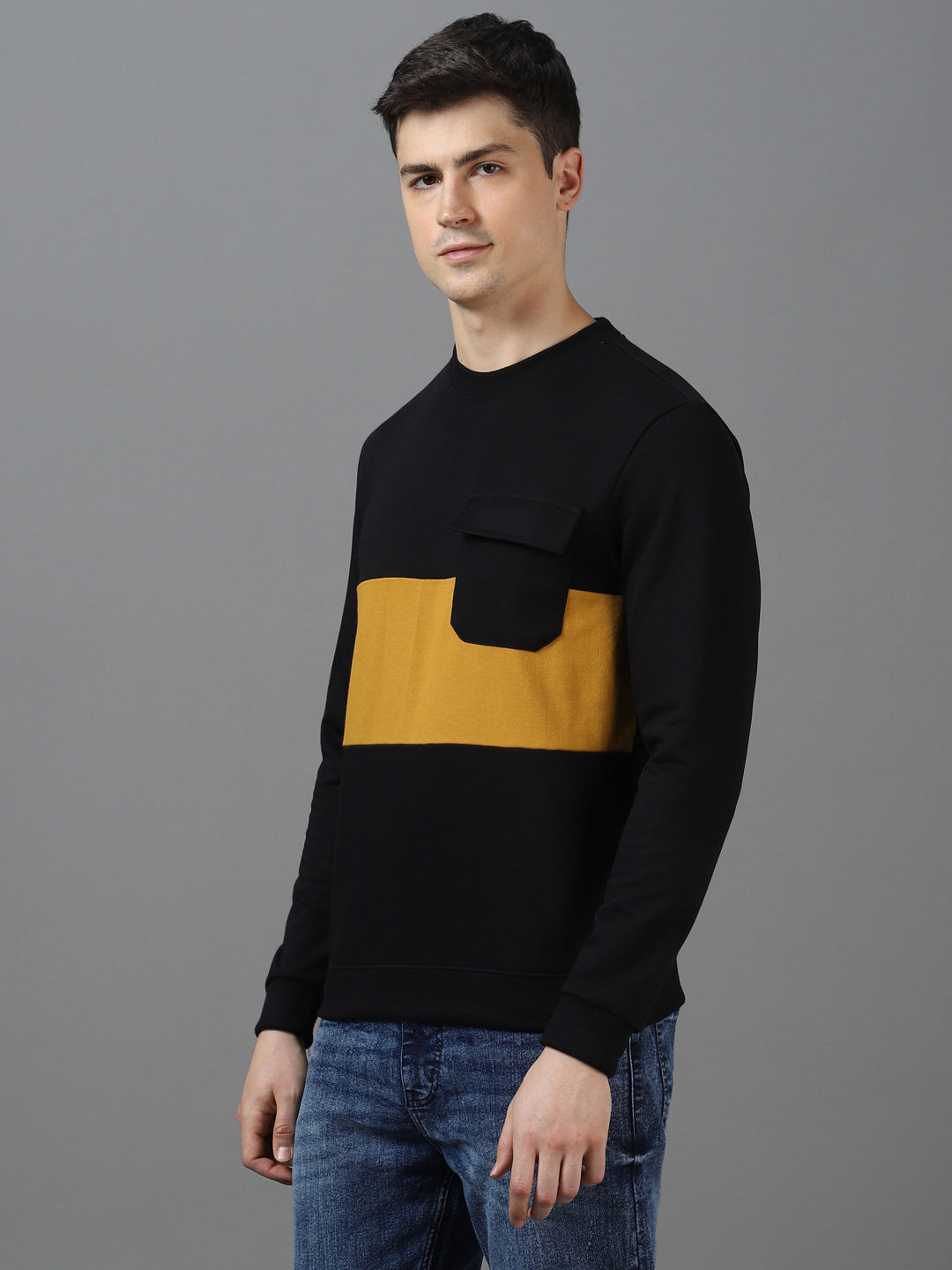 Urbano Fashion Men's Black Cotton Color Block Round Neck Sweatshirt