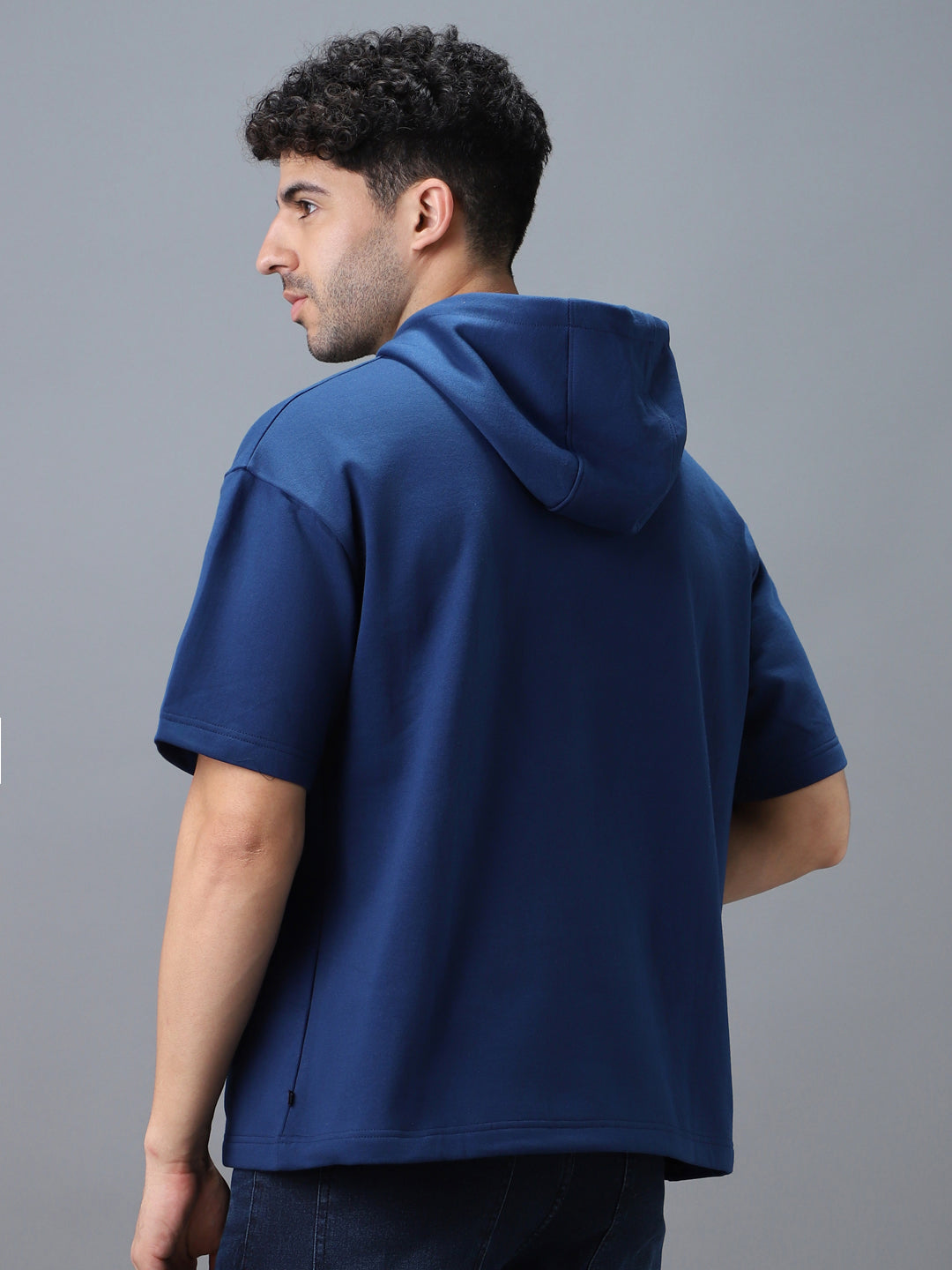 Men's Blue Cotton Solid Oversized Hooded Neck Sweatshirt