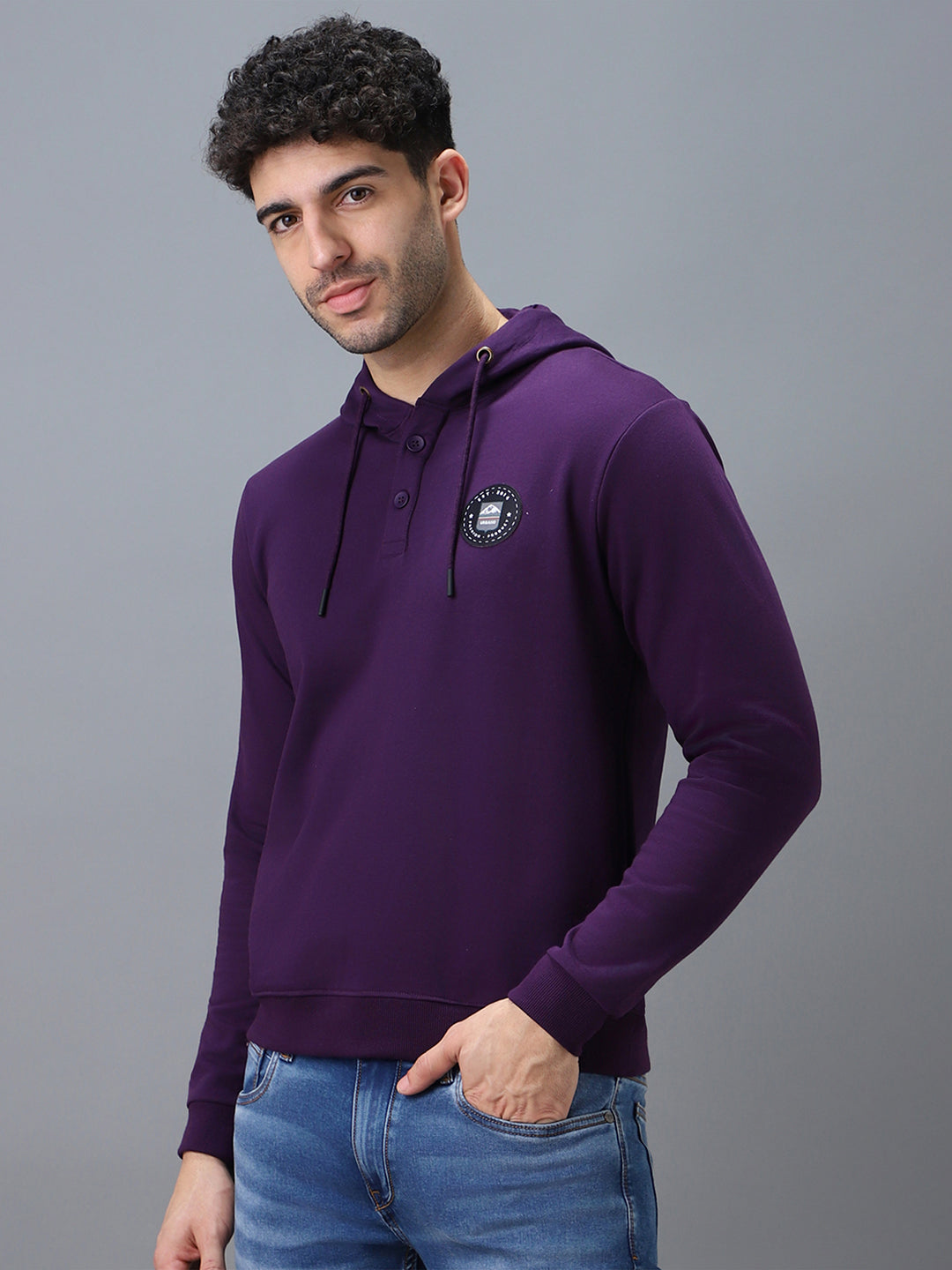Urbano Fashion Men's Purple Cotton Solid Button Hooded Neck Sweatshirt