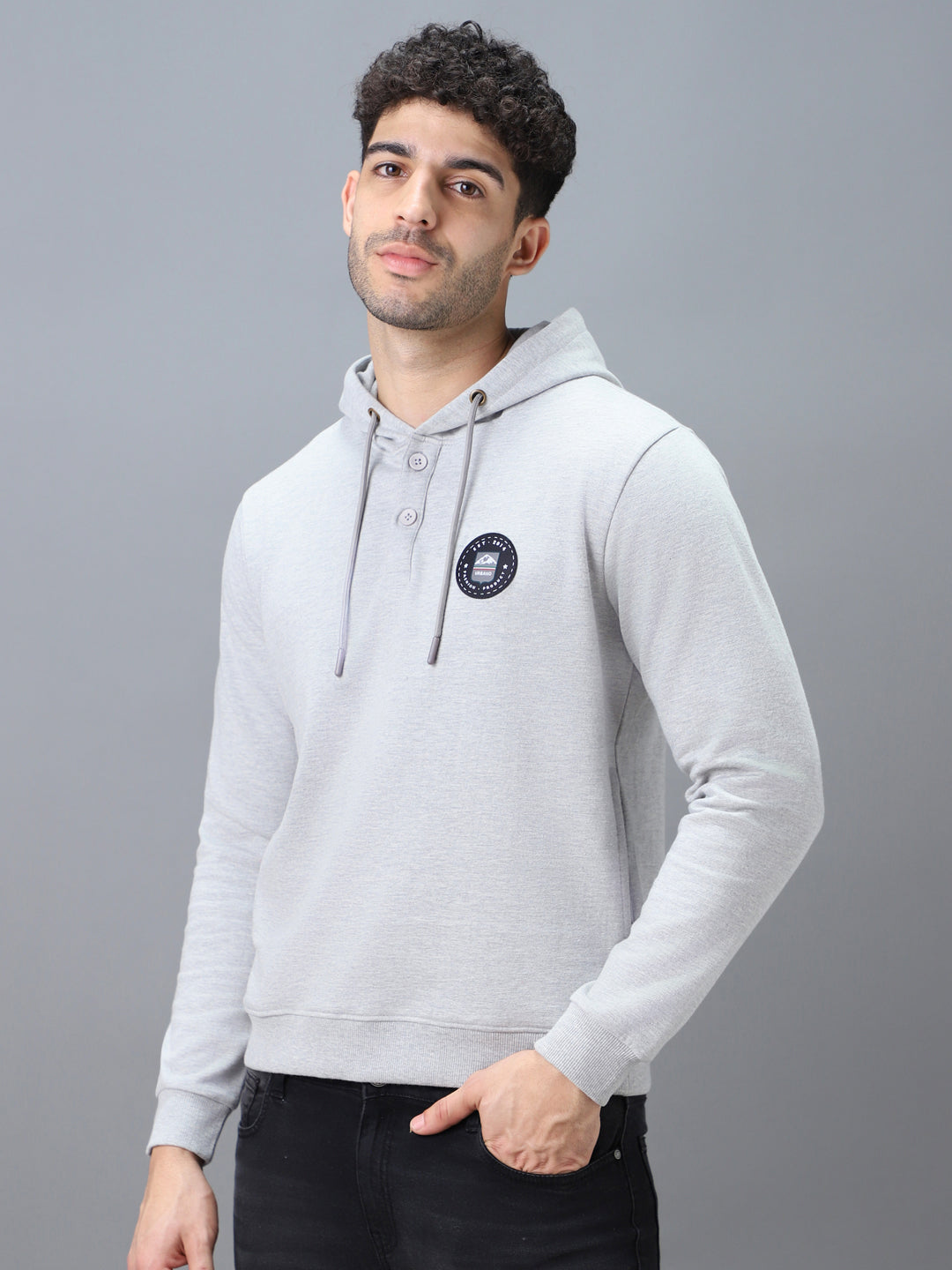 Men's Grey Cotton Solid Button Hooded Neck Sweatshirt