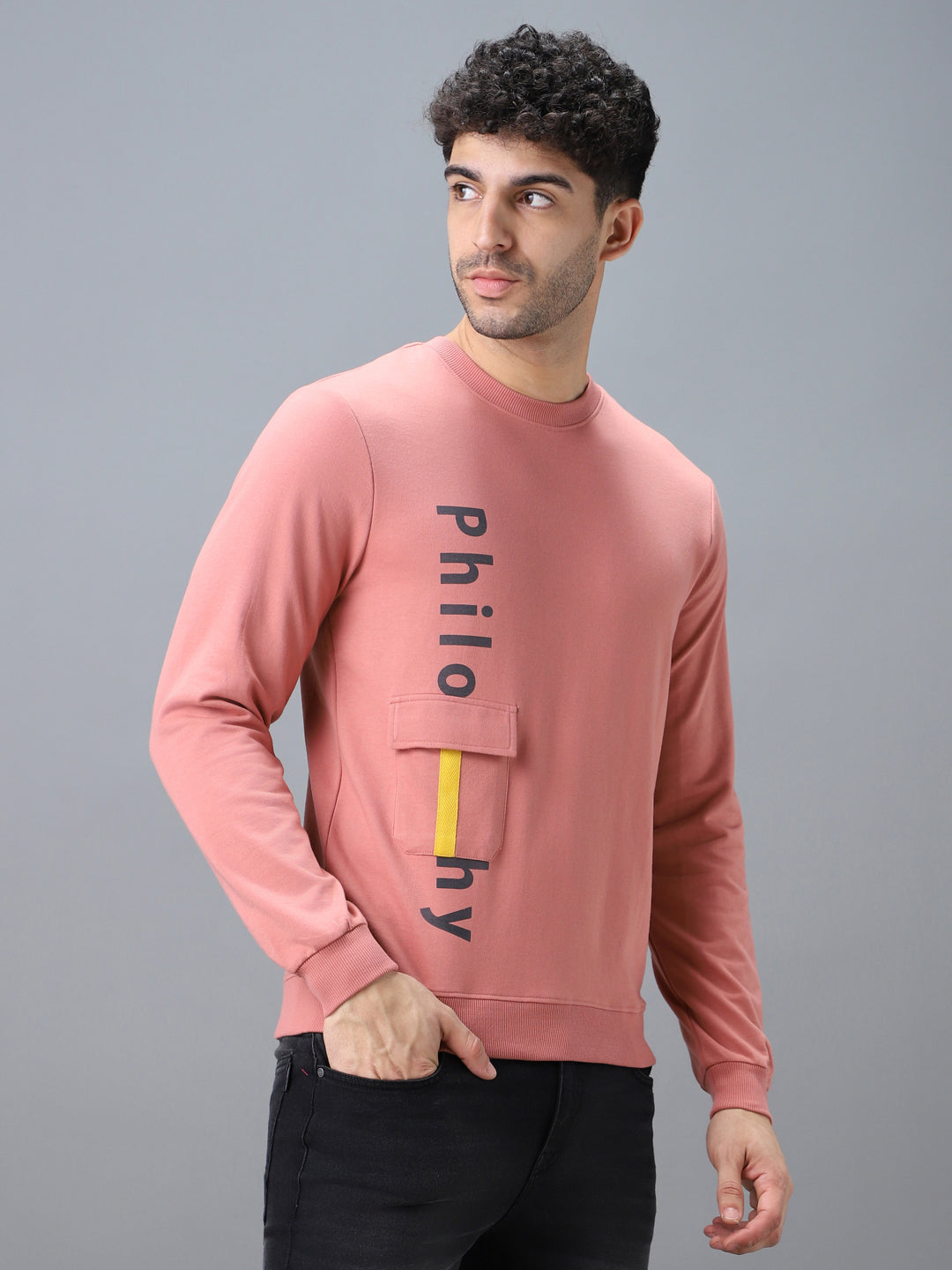 Urbano Fashion Men's Pink Cotton Graphic Print Round Neck Sweatshirt