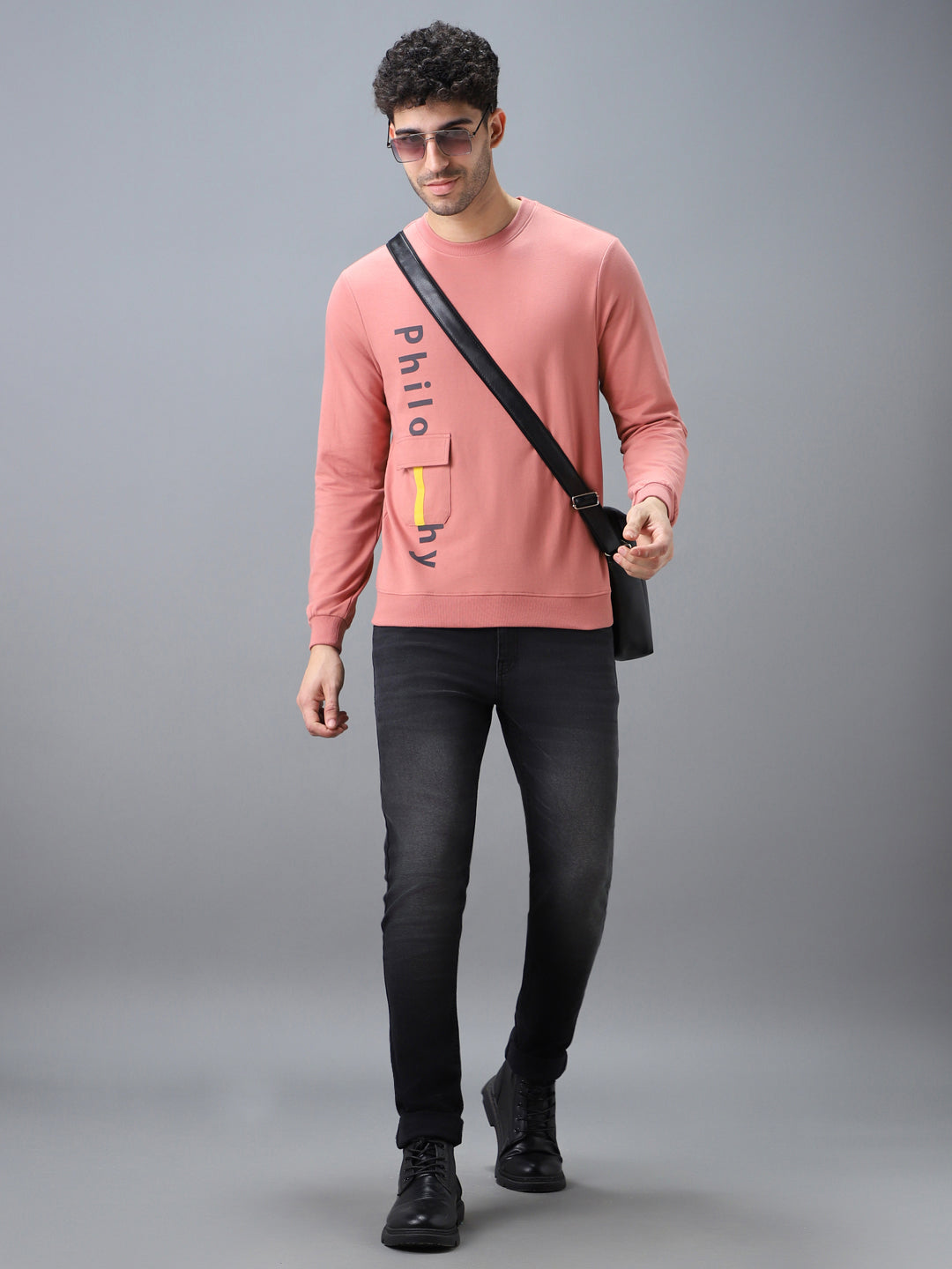 Urbano Fashion Men's Pink Cotton Graphic Print Round Neck Sweatshirt