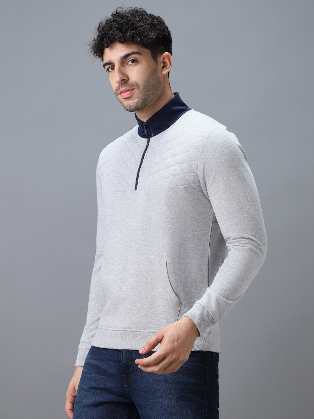 Urbano Fashion Men's Grey Cotton Solid Zippered High Neck Sweatshirt