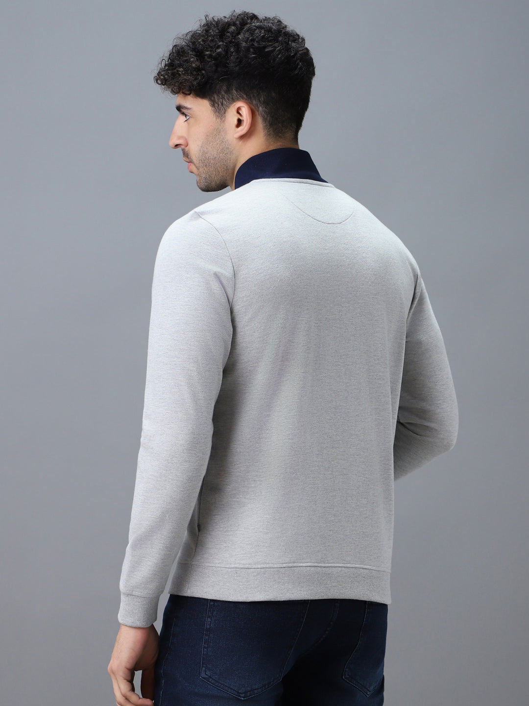 Men's Grey Cotton Solid Zippered High Neck Sweatshirt