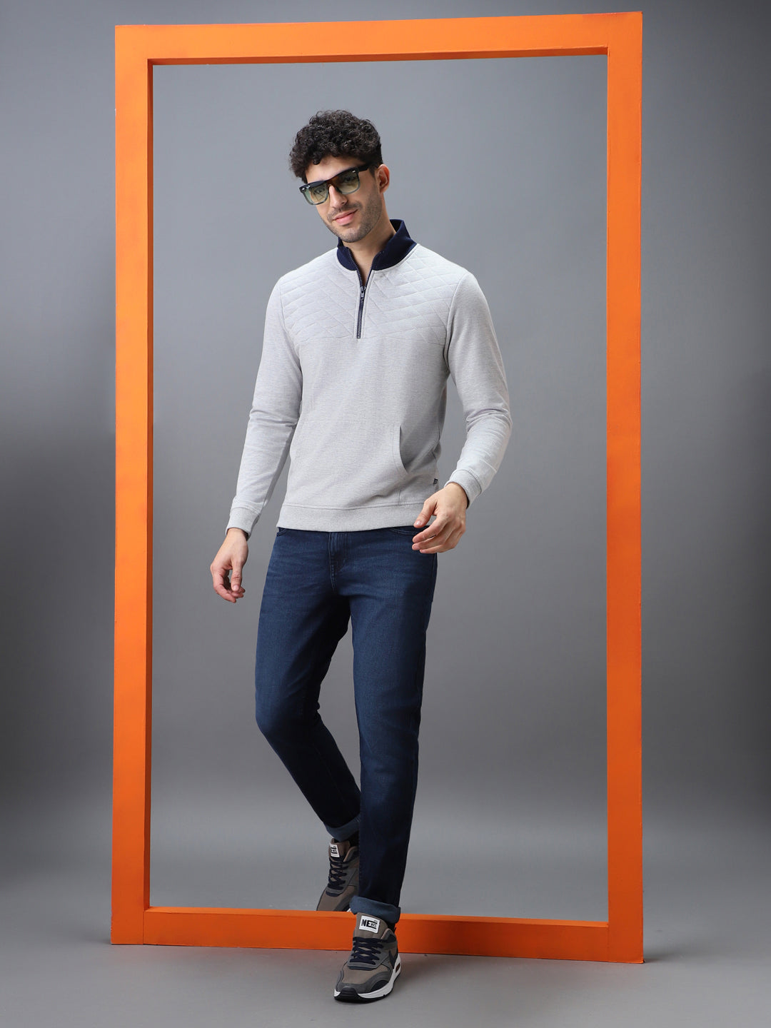 Men's Grey Cotton Solid Zippered High Neck Sweatshirt