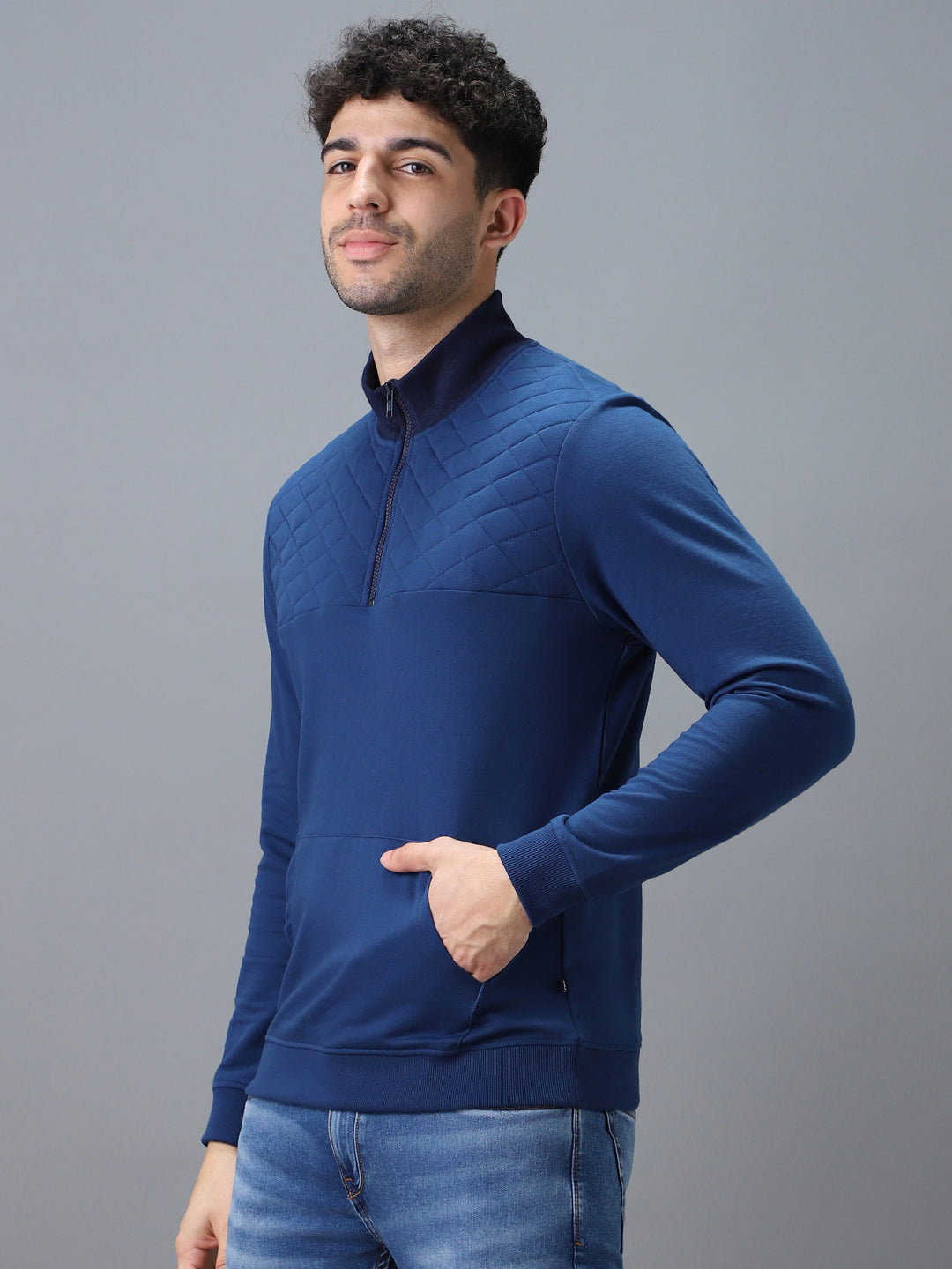 Men's Blue Cotton Solid Zippered High Neck Sweatshirt