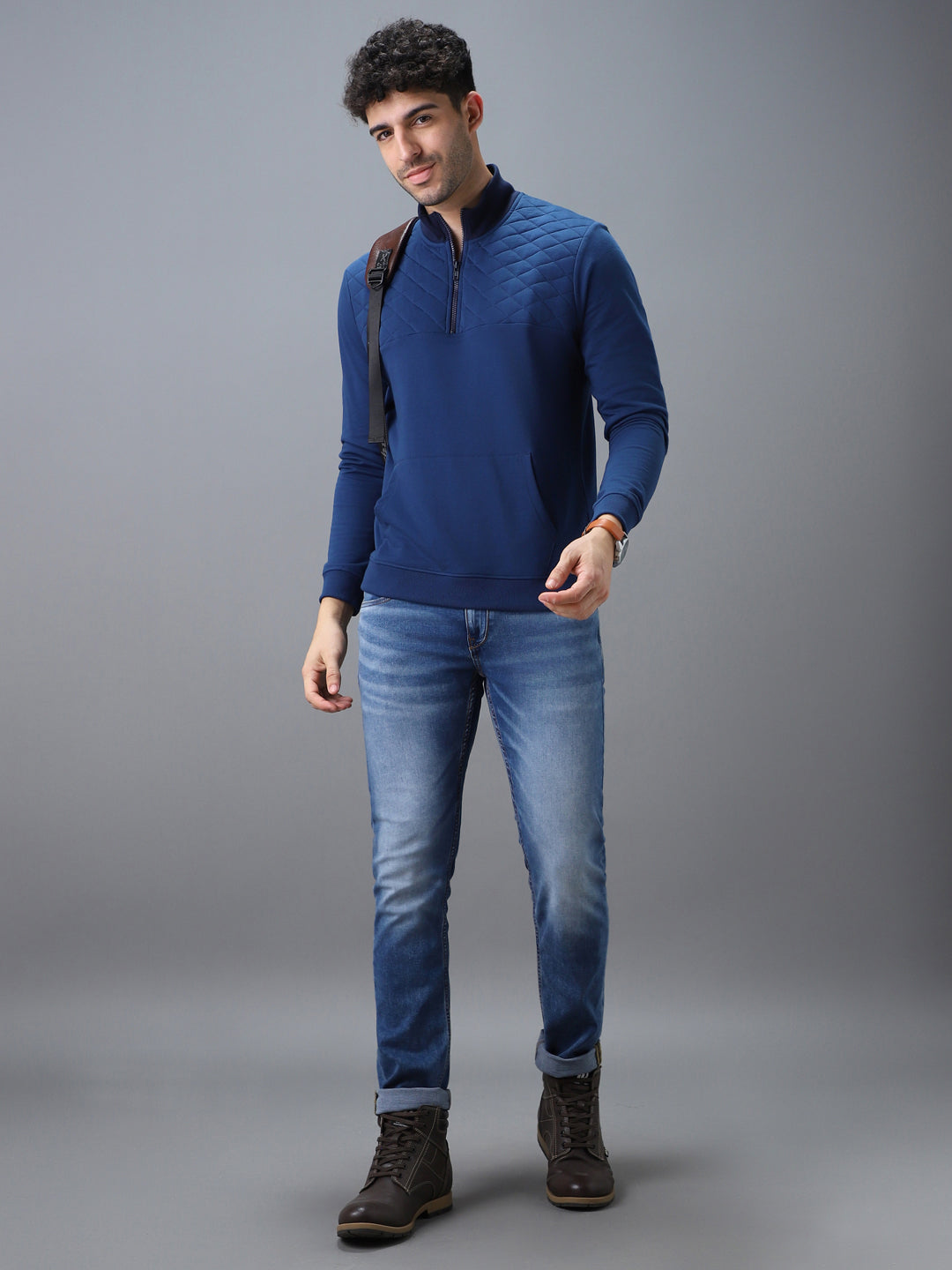 Men's Blue Cotton Solid Zippered High Neck Sweatshirt