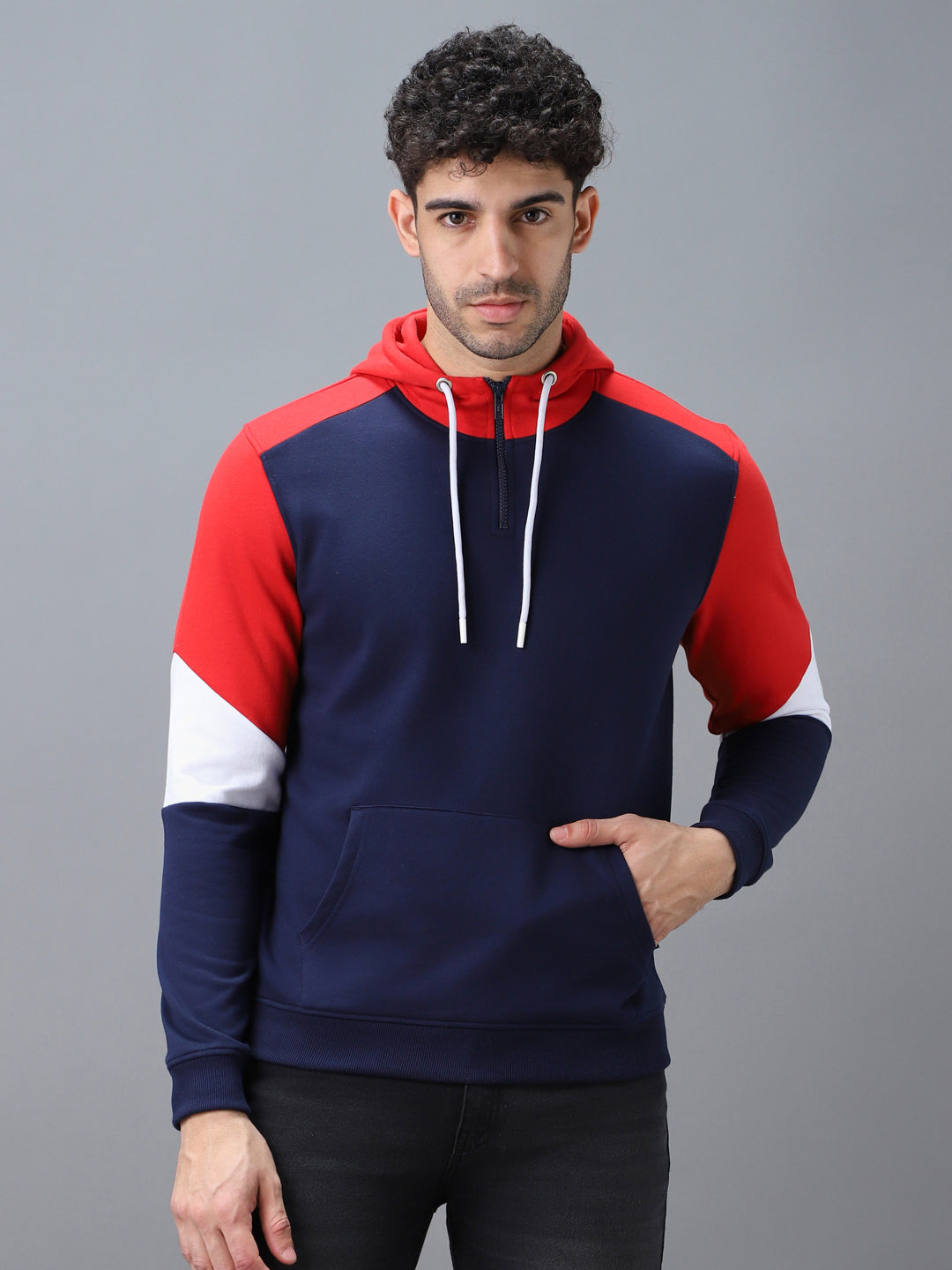 Urbano Fashion Men's Blue, Red Cotton Color Block Hooded Neck Sweatshirt