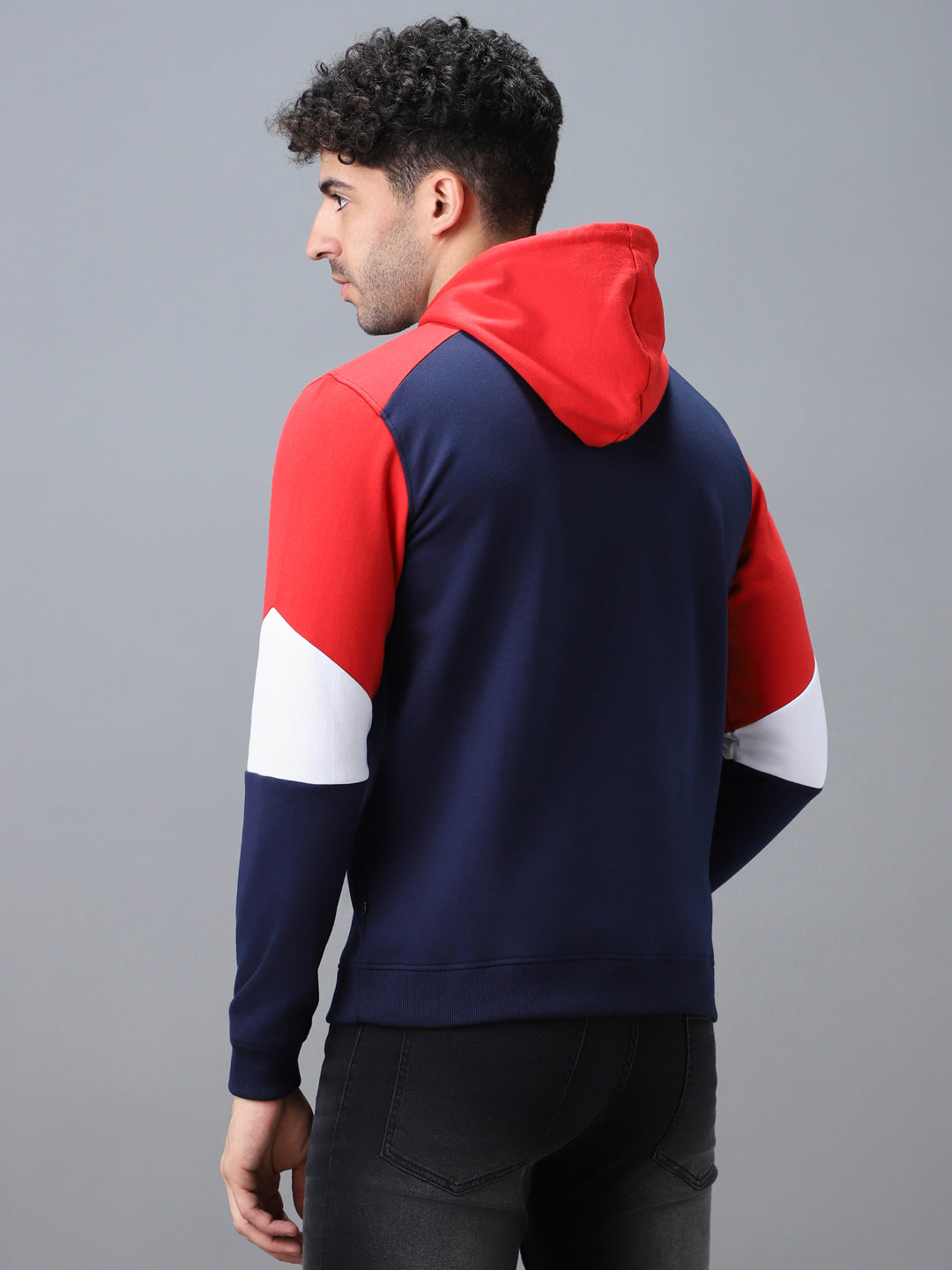 Urbano Fashion Men's Blue, Red Cotton Color Block Hooded Neck Sweatshirt