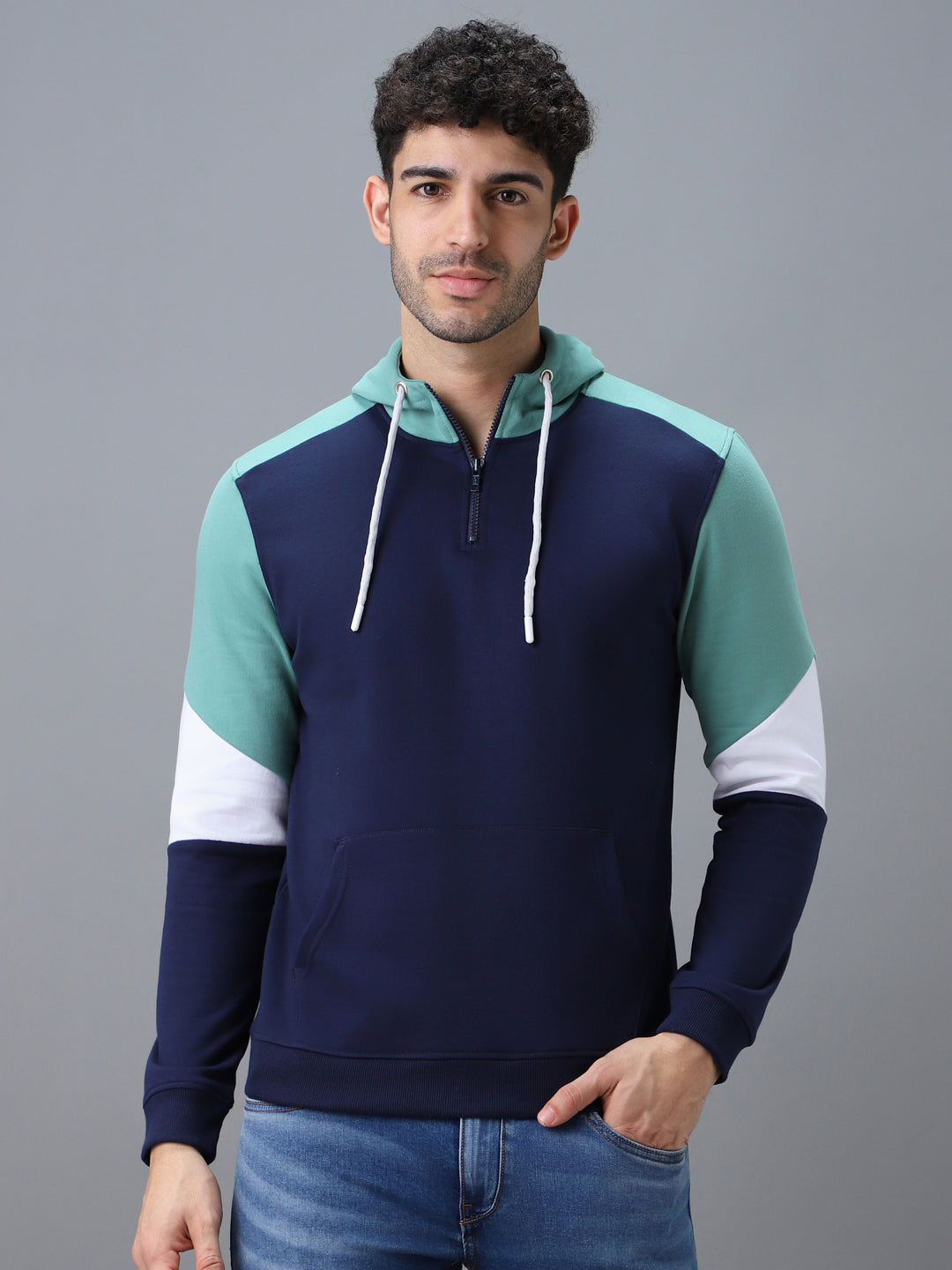 Men's Blue, Green Cotton Color Block Hooded Neck Sweatshirt