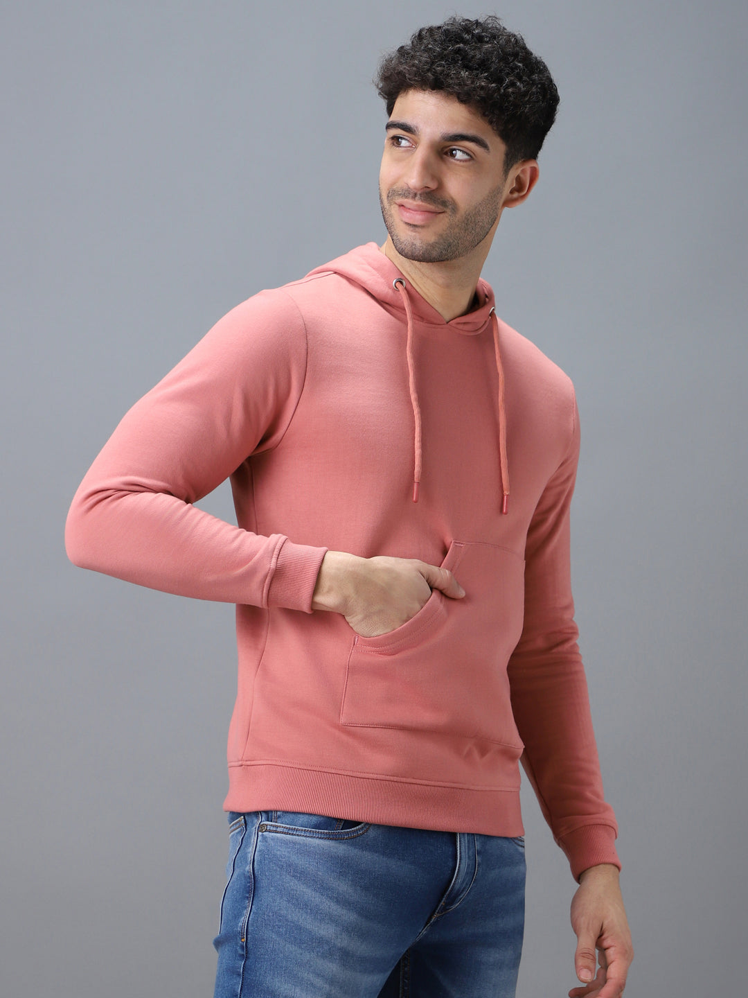 Men's Pink Cotton Solid Hooded Neck Sweatshirt