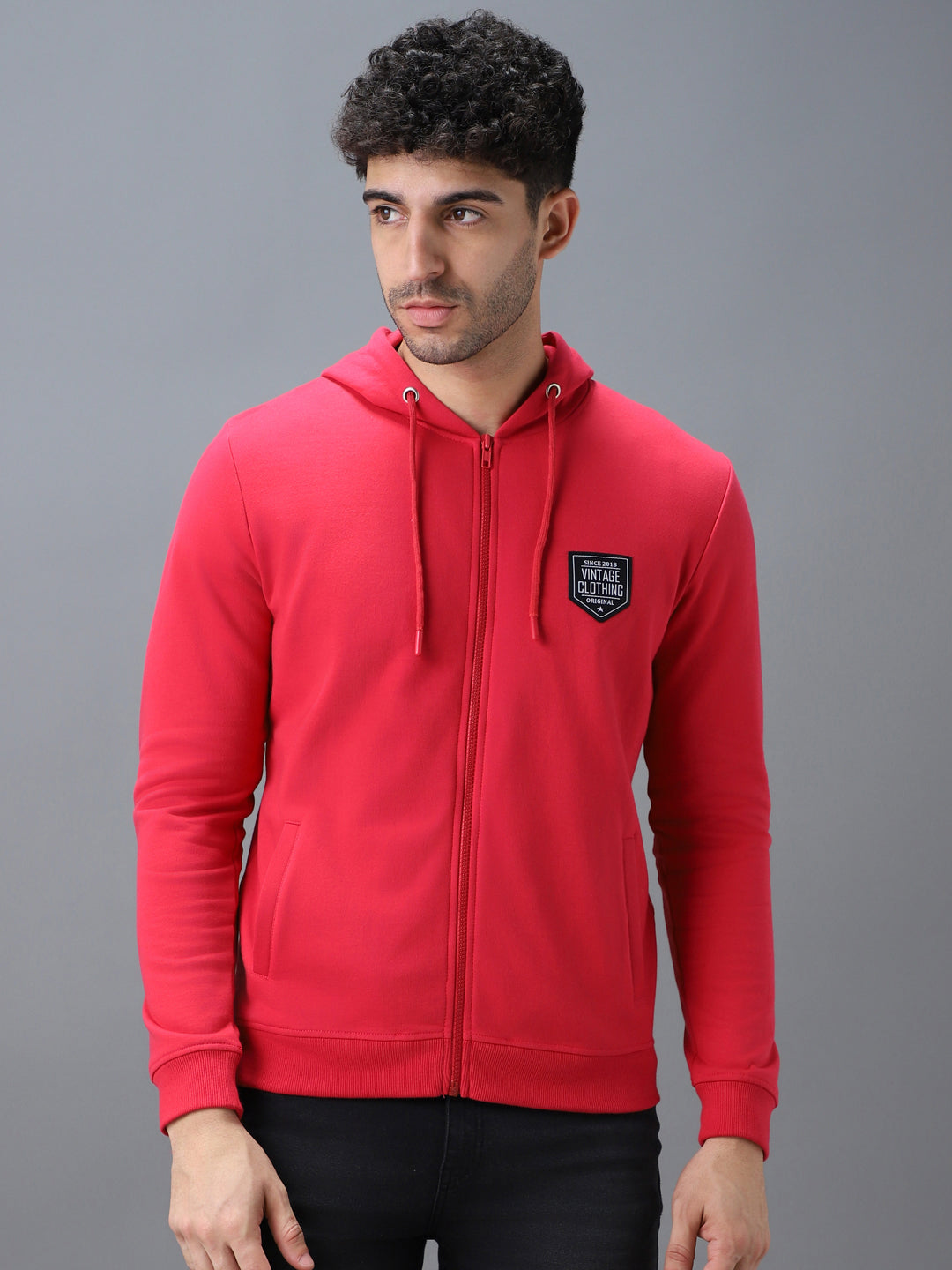 Urbano Fashion Men's Pink Cotton Solid Zippered Hooded Neck Sweatshirt