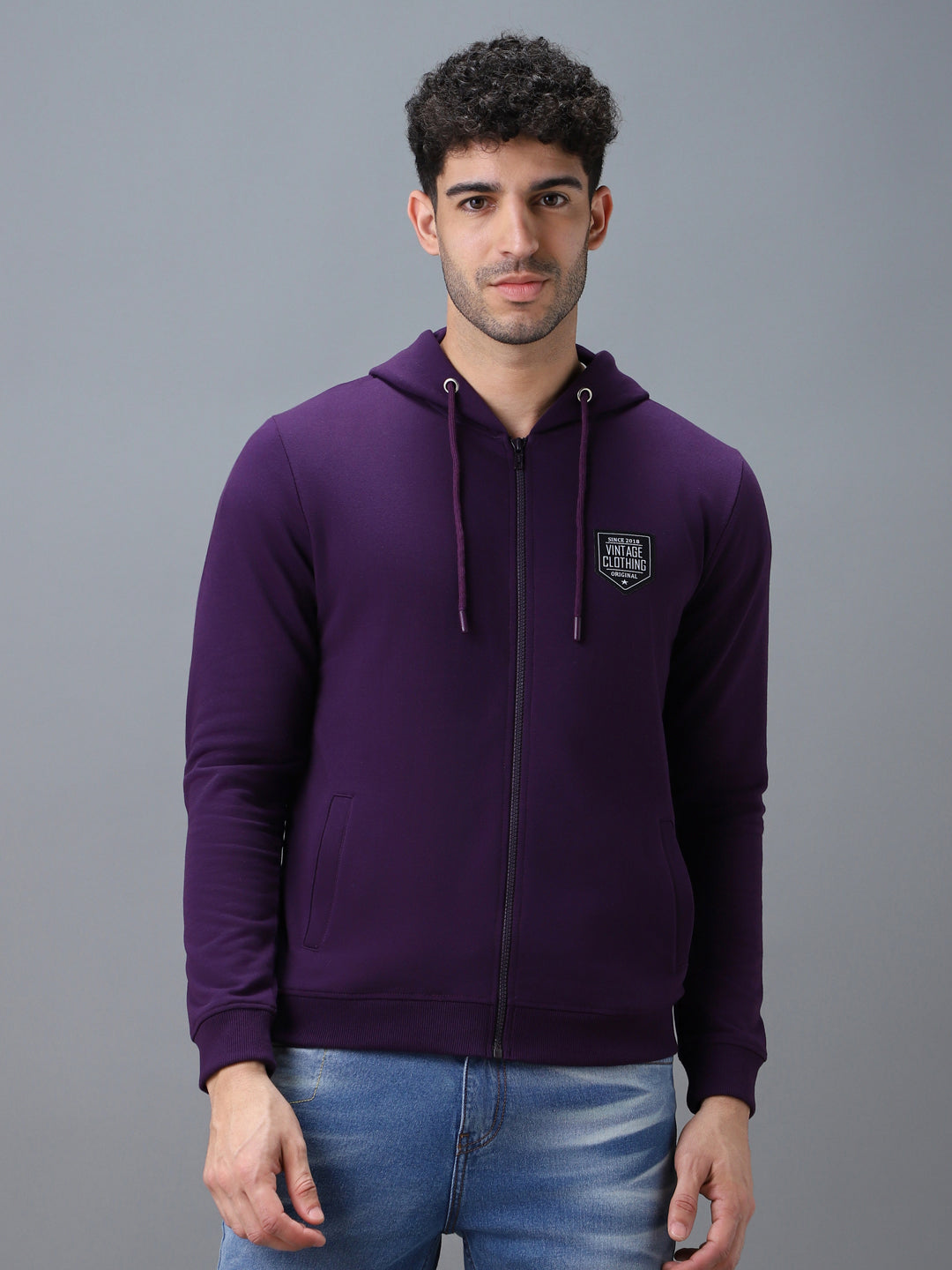 Men's Purple Cotton Solid Zippered Hooded Neck Sweatshirt